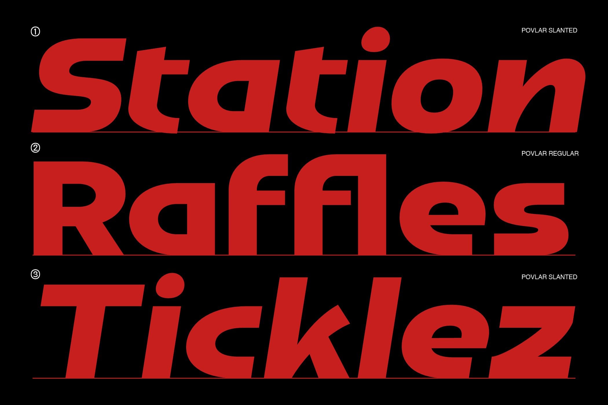 Station Raffles Ticklez font specimens in red on black, displaying regular plus slanted weights