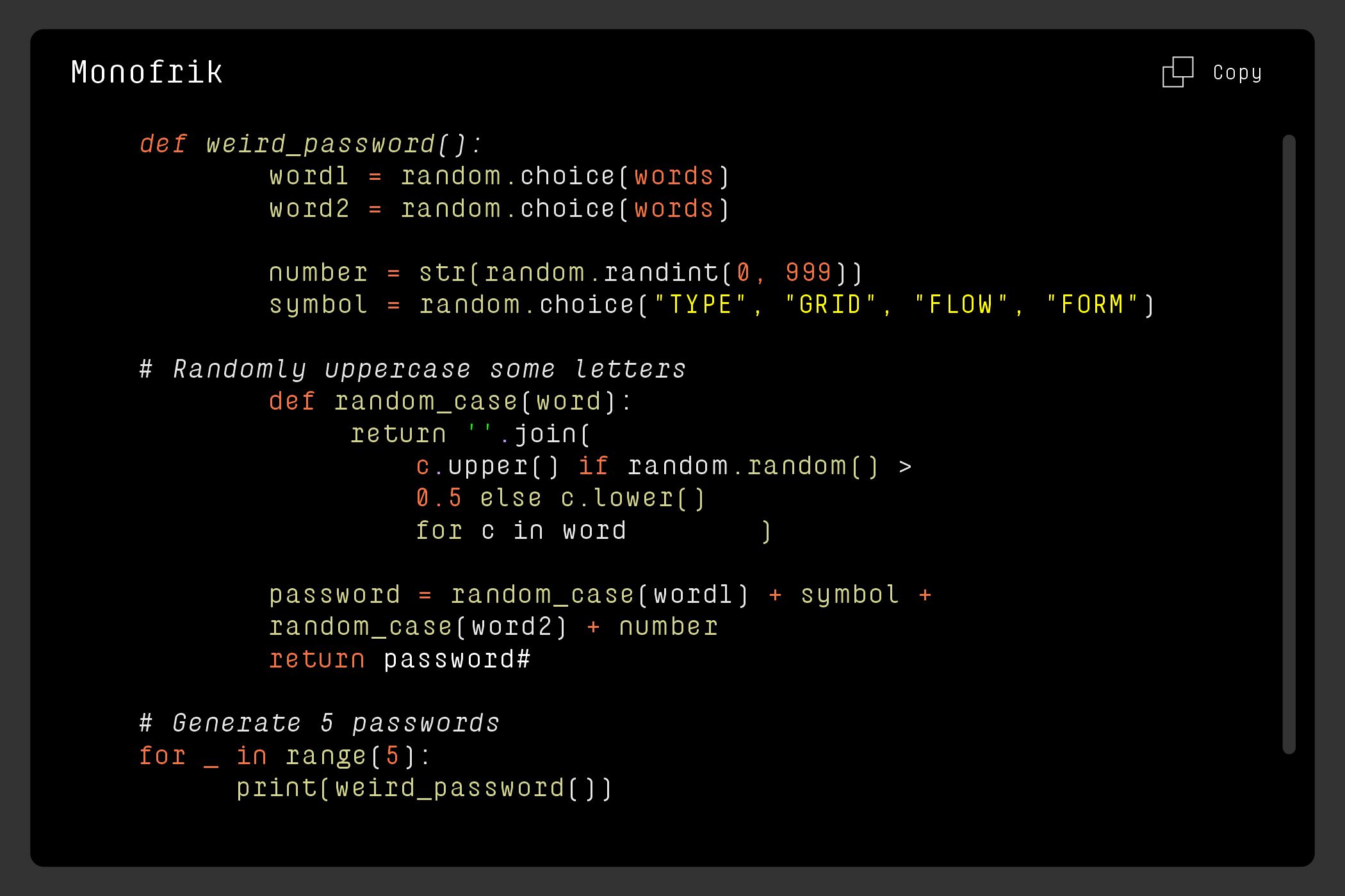 Code editor window displaying Python password generator function with syntax highlighting