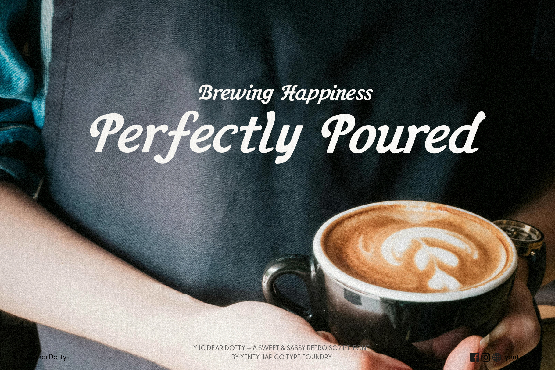 Person in teal shirt holding black mug with latte art, white script text reading Brewing Happiness Perfectly Poured overlaid on image