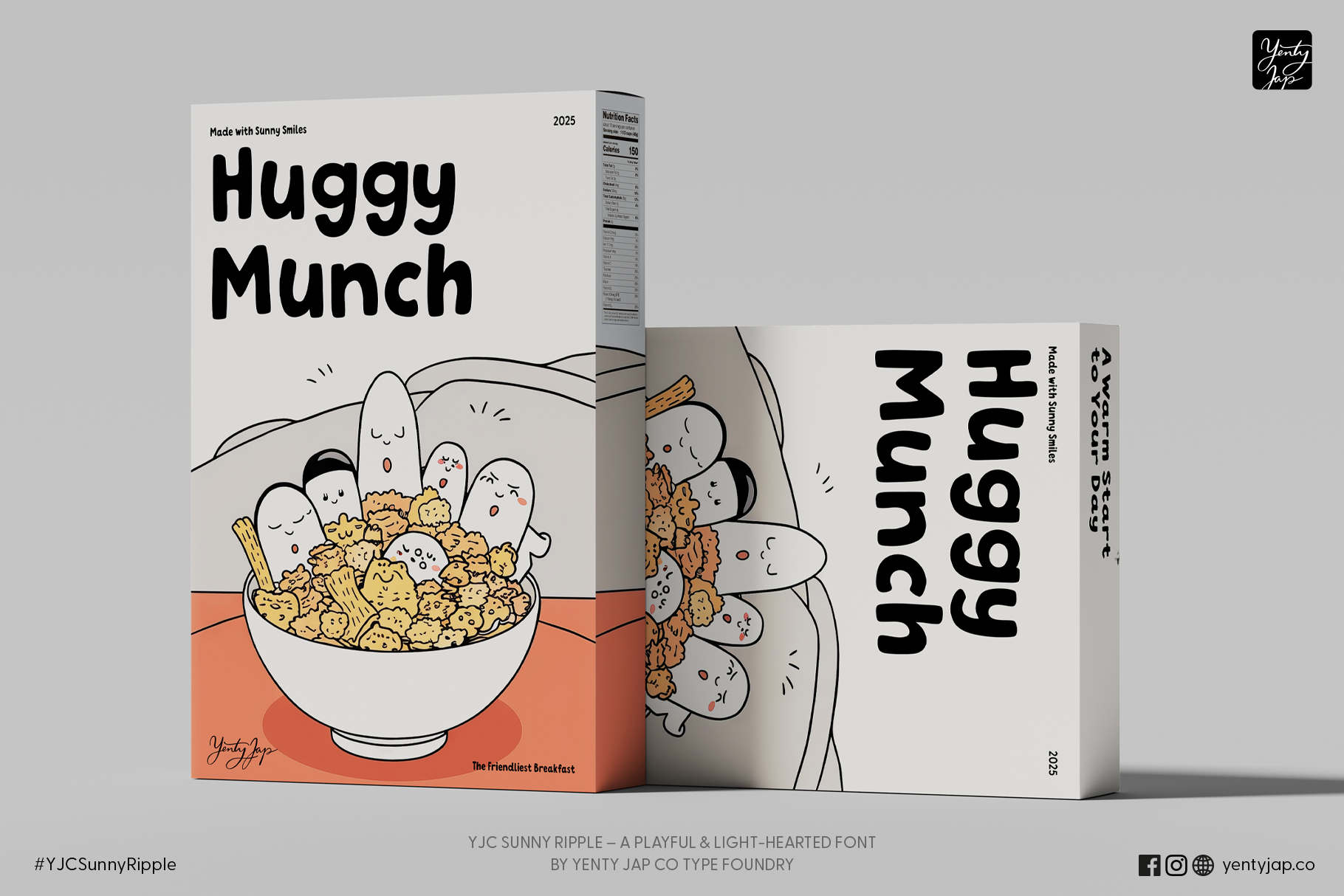 Cereal box mockups showing cartoon characters hugging bowl of crunchy breakfast