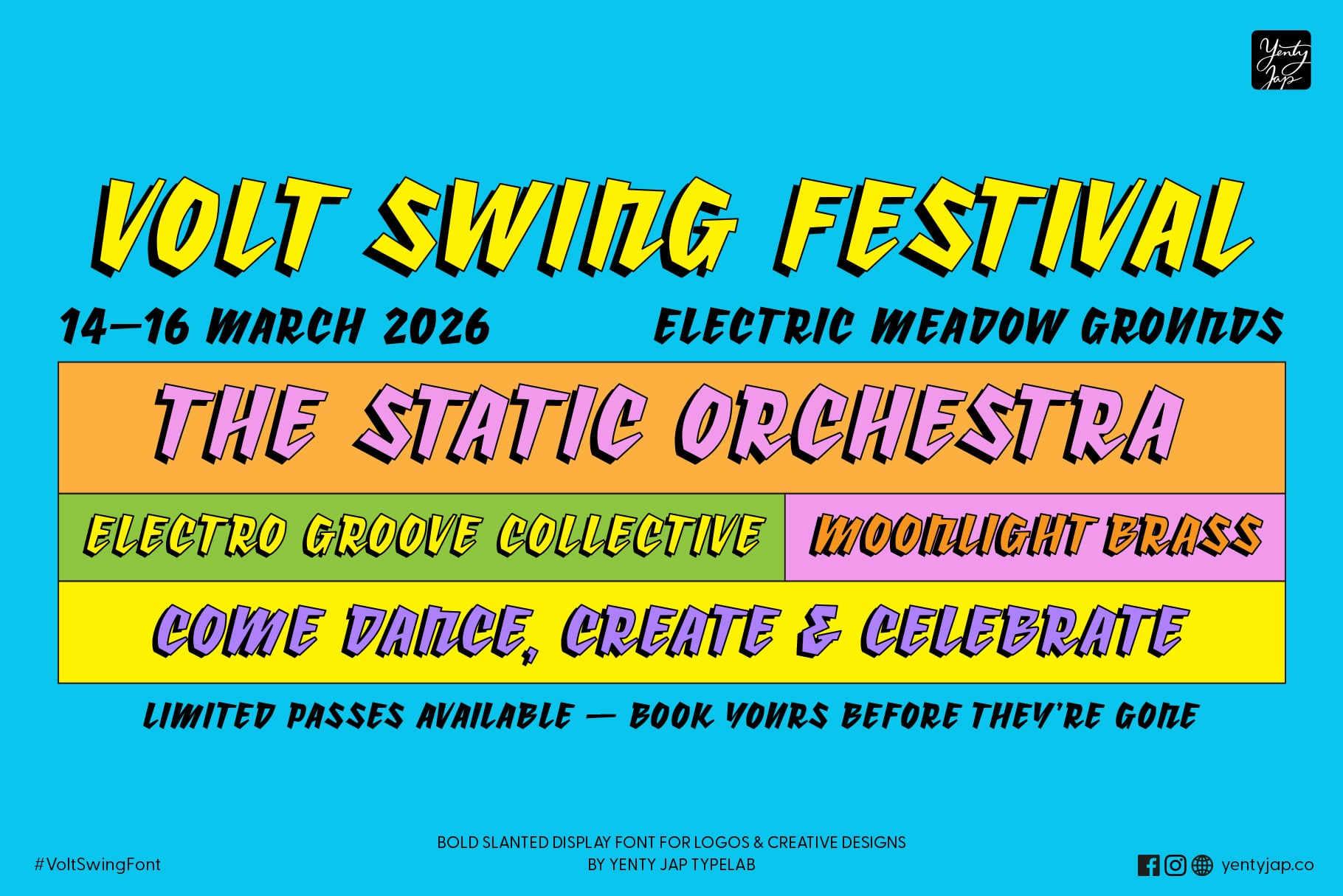 Volt Swing Festival event poster in bright colors featuring band lineups, March dates, blue background