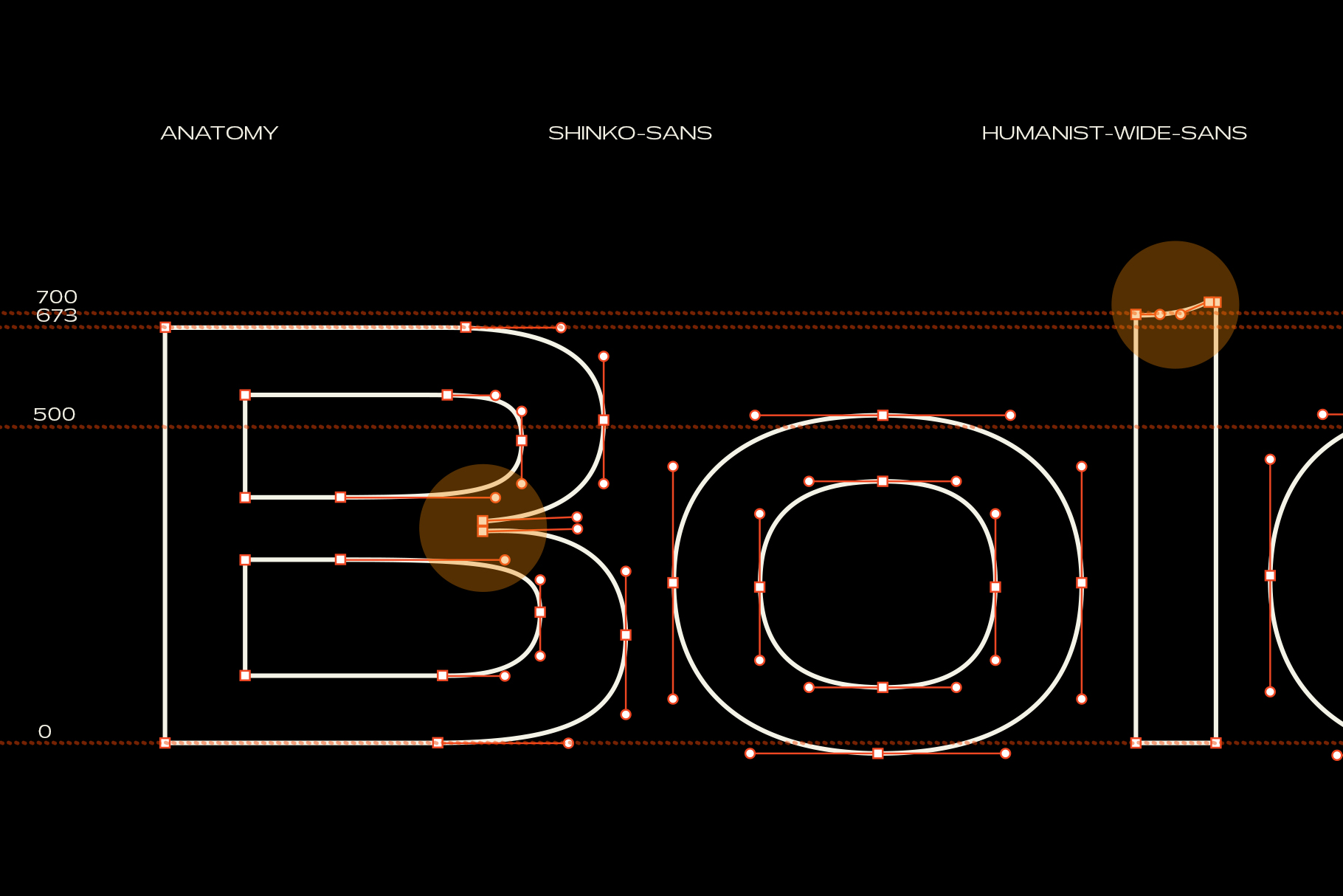 Geometric font specimen showing letterforms with construction guides on dark background