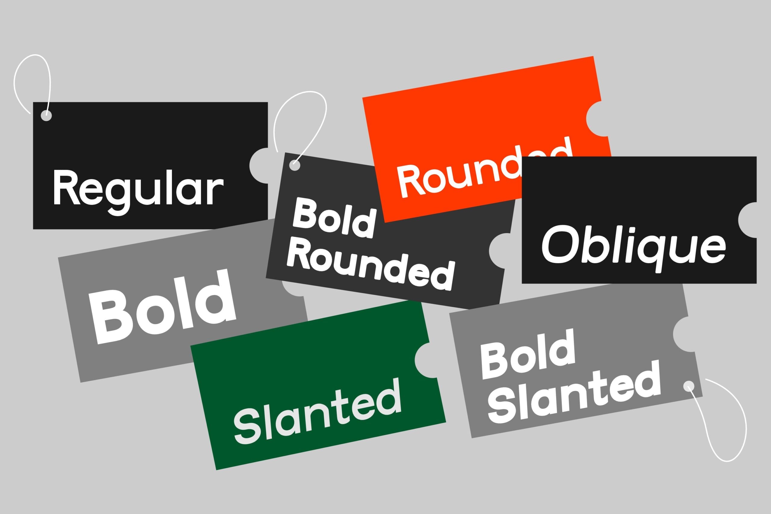 Colorful layout showing font weight variations like Regular, Bold, Oblique, Rounded
