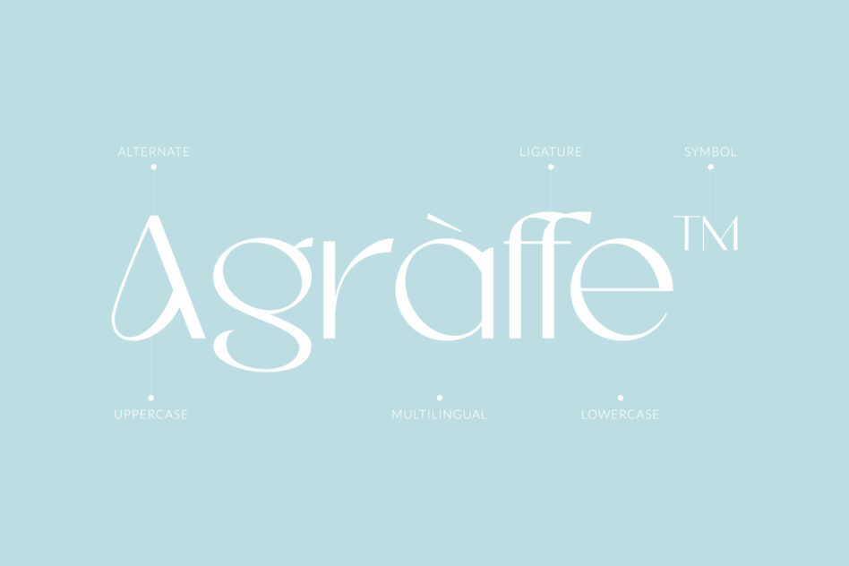 Agraffe typeface on blue background displaying ligatures, alternates, symbols