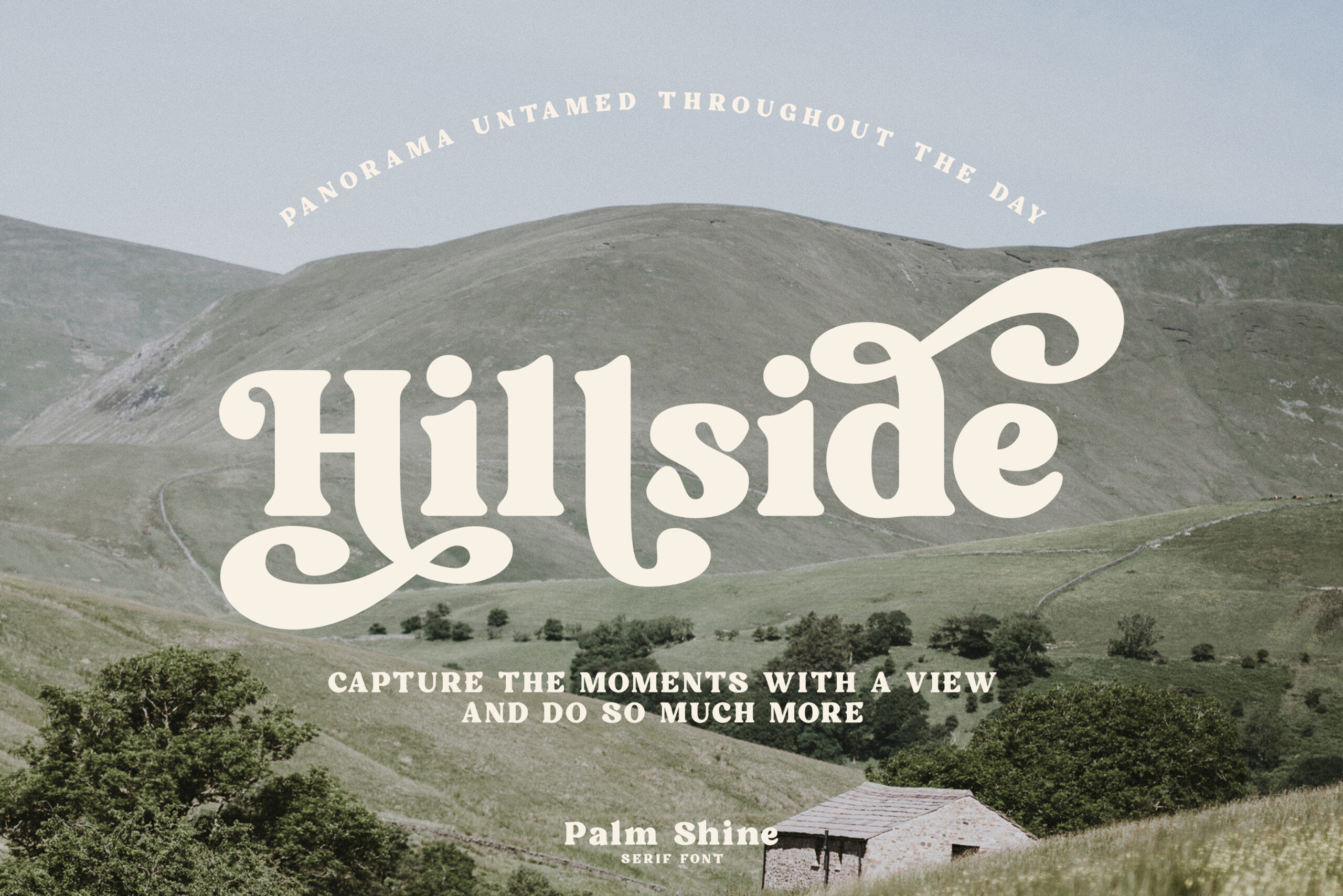 Hillside serif font overlaid on landscape photo of rolling hills with shelter
