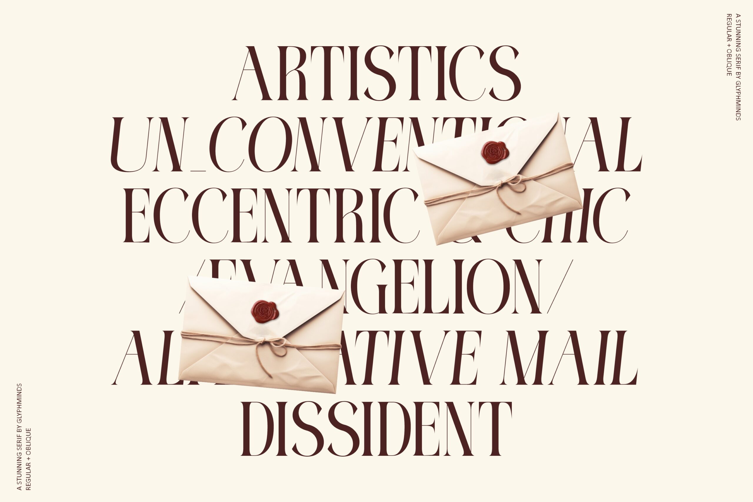 Cream colored design with serif text about artistics featuring tied cream envelopes with burgundy wax seals