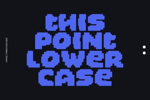 This Poine Lower Case blue pixelated letters on dark background typography
