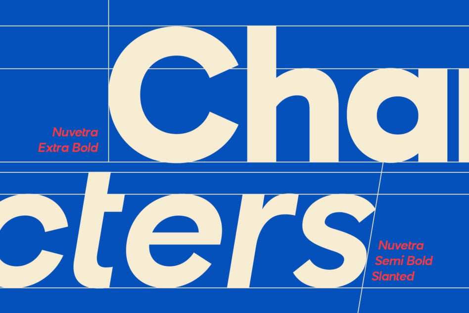 Nuvetra font family displayed in Extra Bold plus Semi Bold Slanted weights on blue background