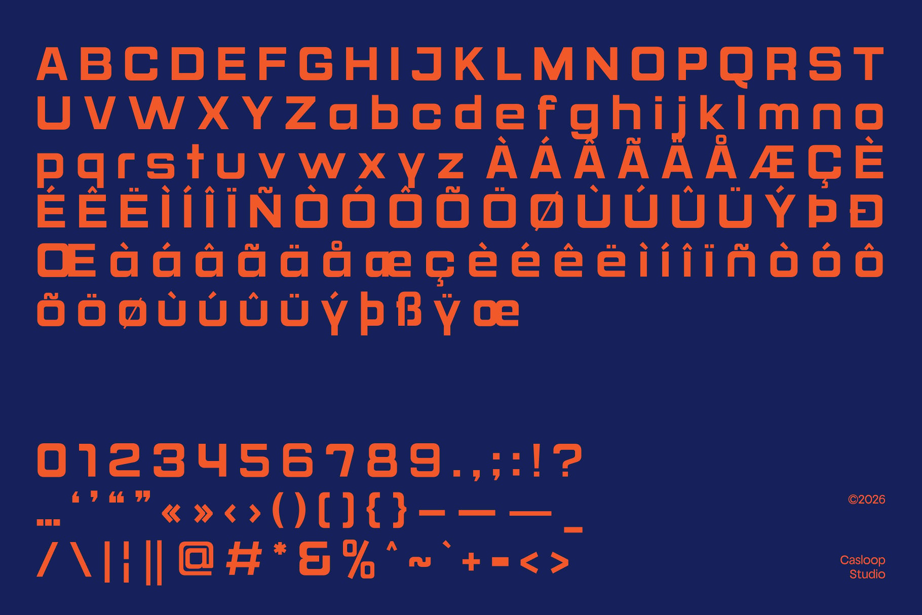 Bold orange typeface with full character set on navy background