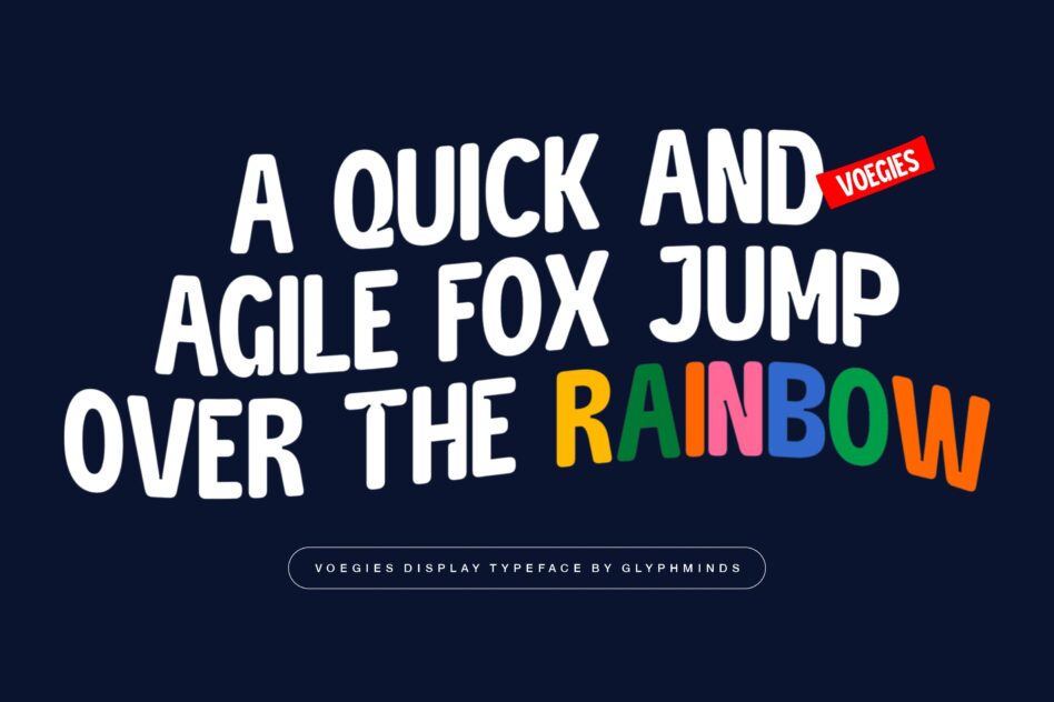 Voegies display typeface with colorful rainbow letters on navy background