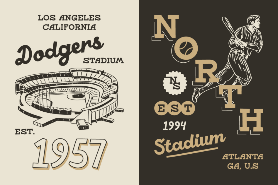 Vintage baseball stadium graphics with Dodgers, North Club logos on tan dark split