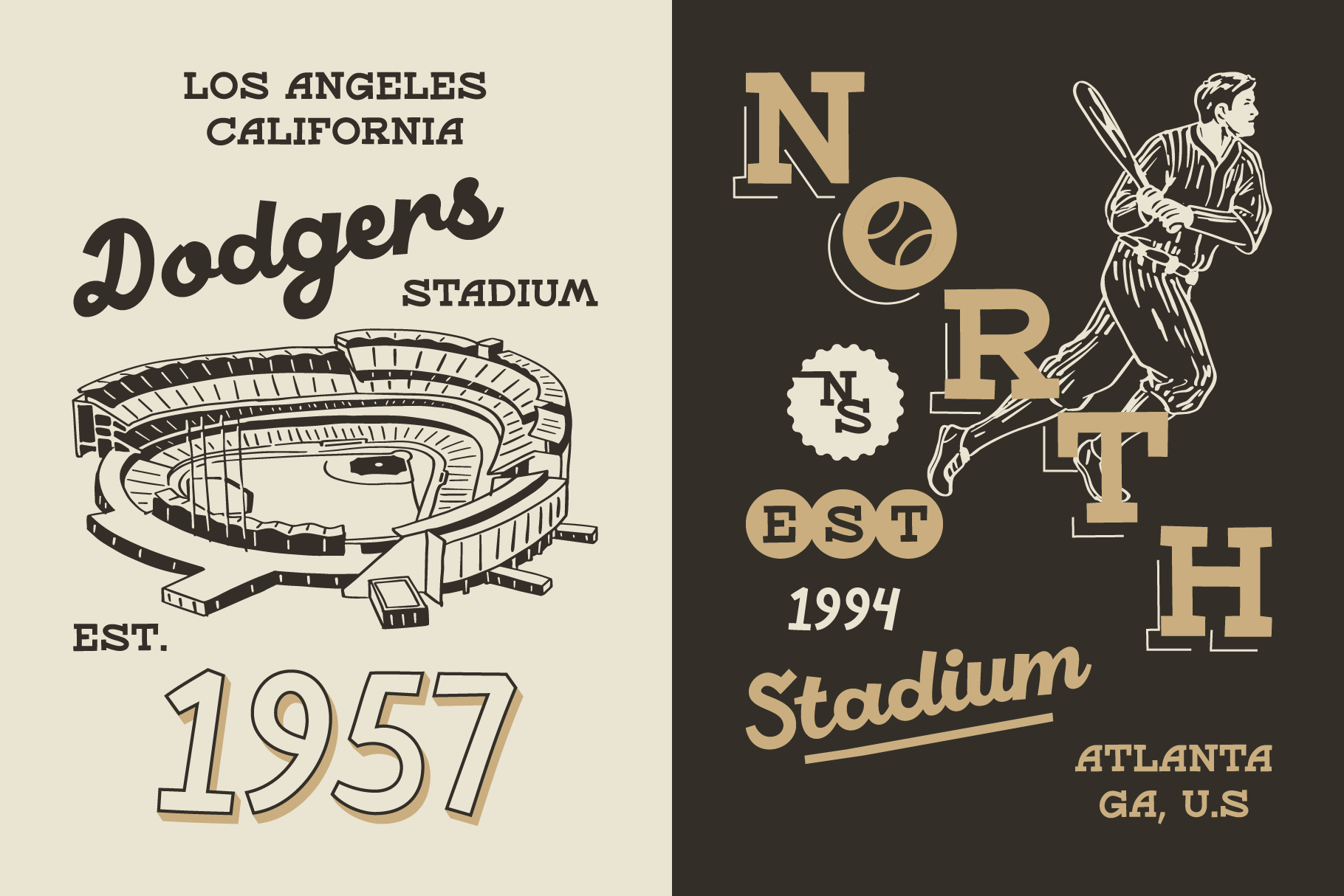 Vintage baseball stadium graphics with Dodgers, North Club logos on tan dark split
