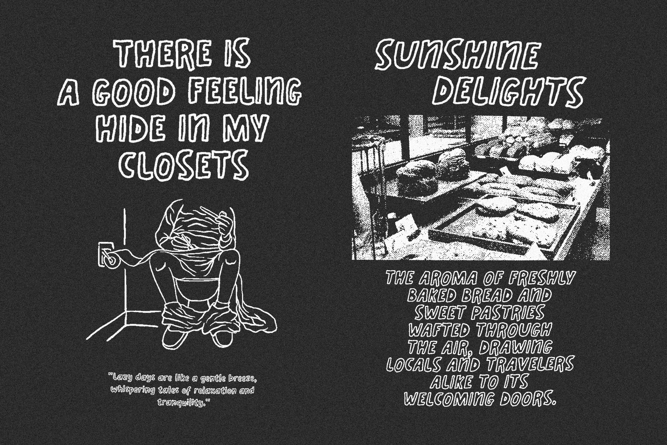 Dark themed graphic with abstract text and art, featuring humorous and poetic lines using quirky fonts suitable for designers seeking unique typography.