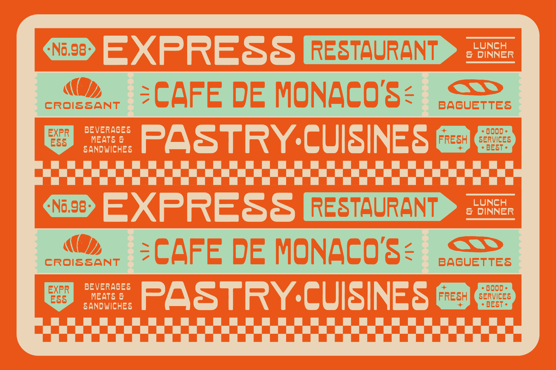 Retro diner mockup with mint green labels, orange checkerboard pattern, cafe branding