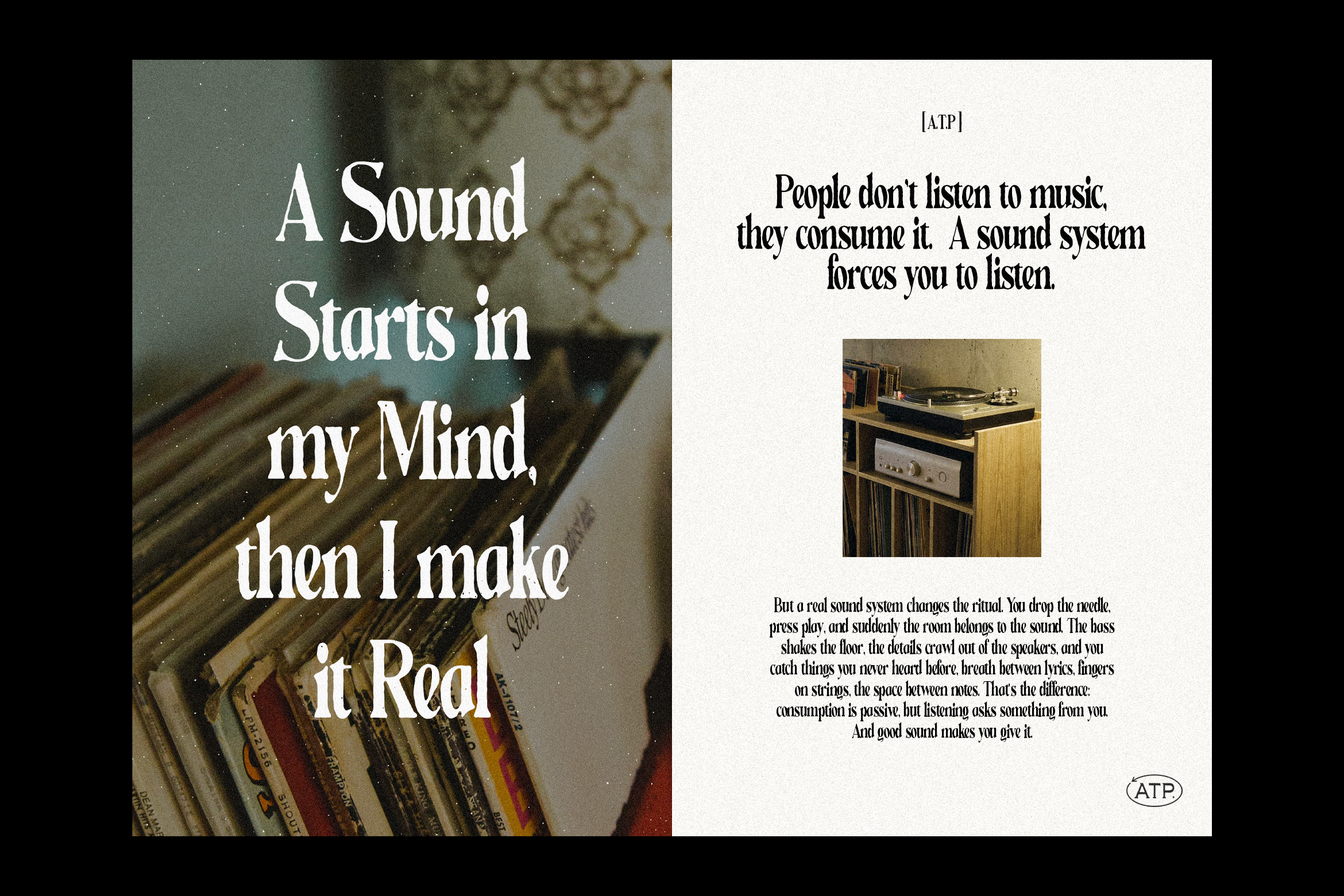 Vintage record player and vinyl collection with bold text overlay. Graphic design template for musicians and sound enthusiasts. Retro vibes, typography.