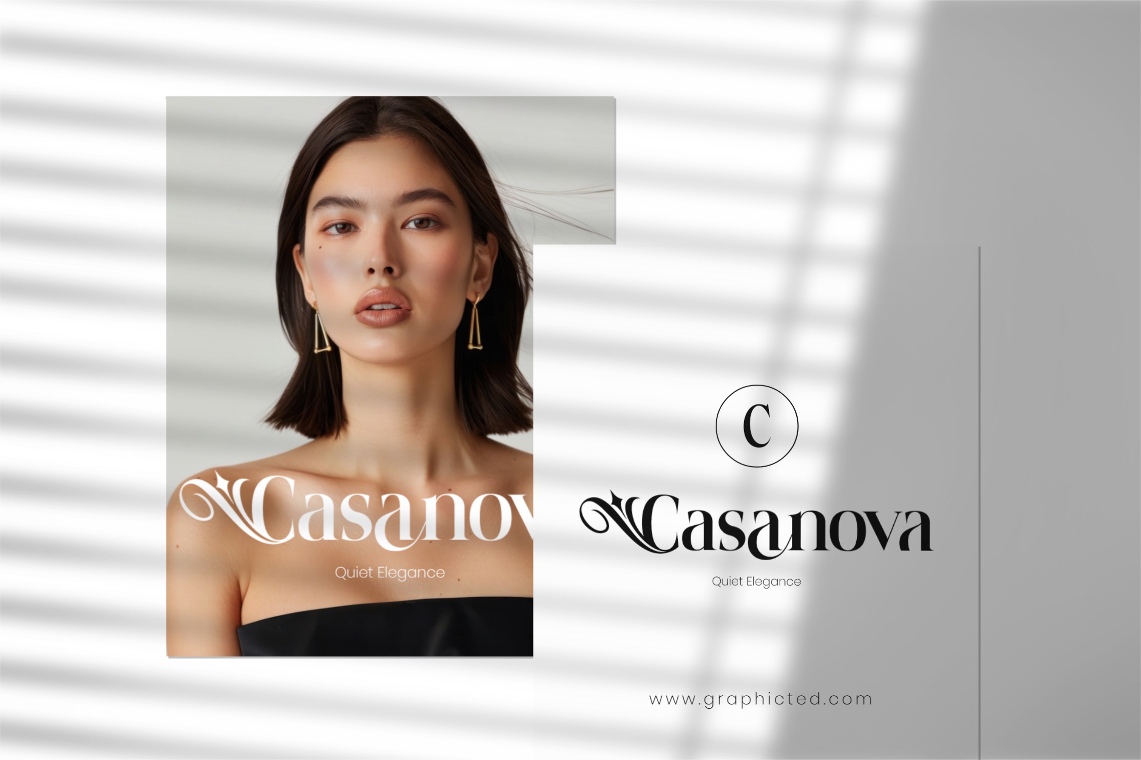 Casanova brand mockup with portrait photo, serif logo, Quiet Elegance tagline on wall