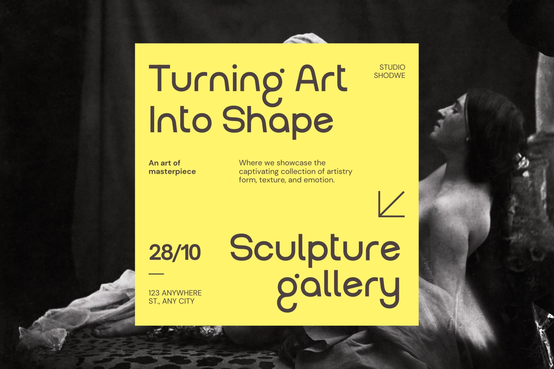 Yellow poster for sculpture gallery event with bold sans-serif typography on dark background