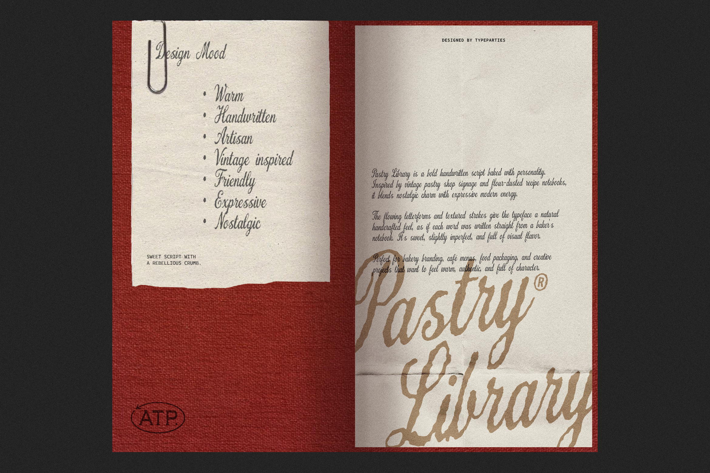 Vintage-inspired brochure mockup featuring handwritten script font Pastry Library. Ideal for designers looking for warm, nostalgic typography graphics.