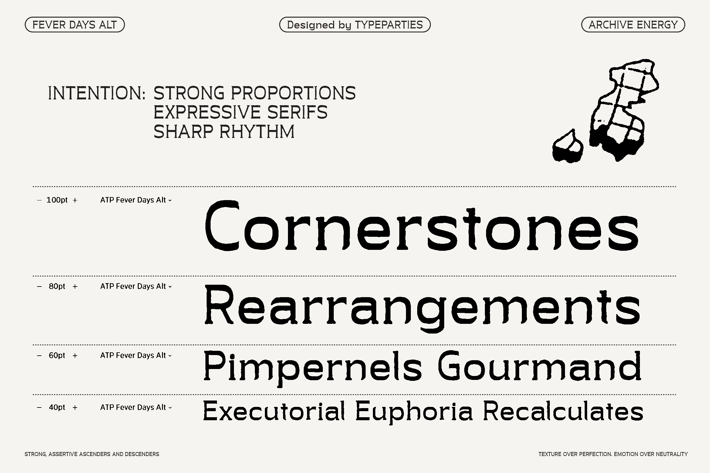 Fever Days Alt serif font specimen showing sample text sizes from 100pt down to 40pt