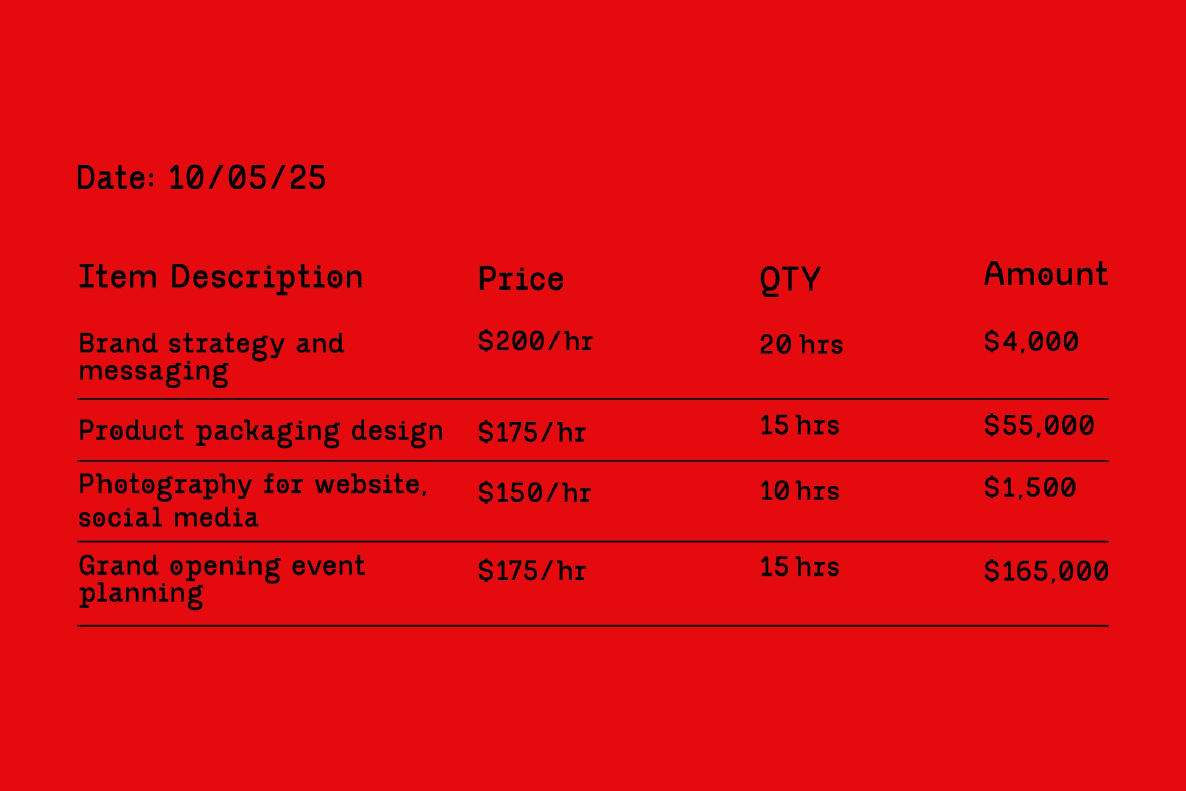 Red invoice mockup showing service line items with prices, quantities, hours