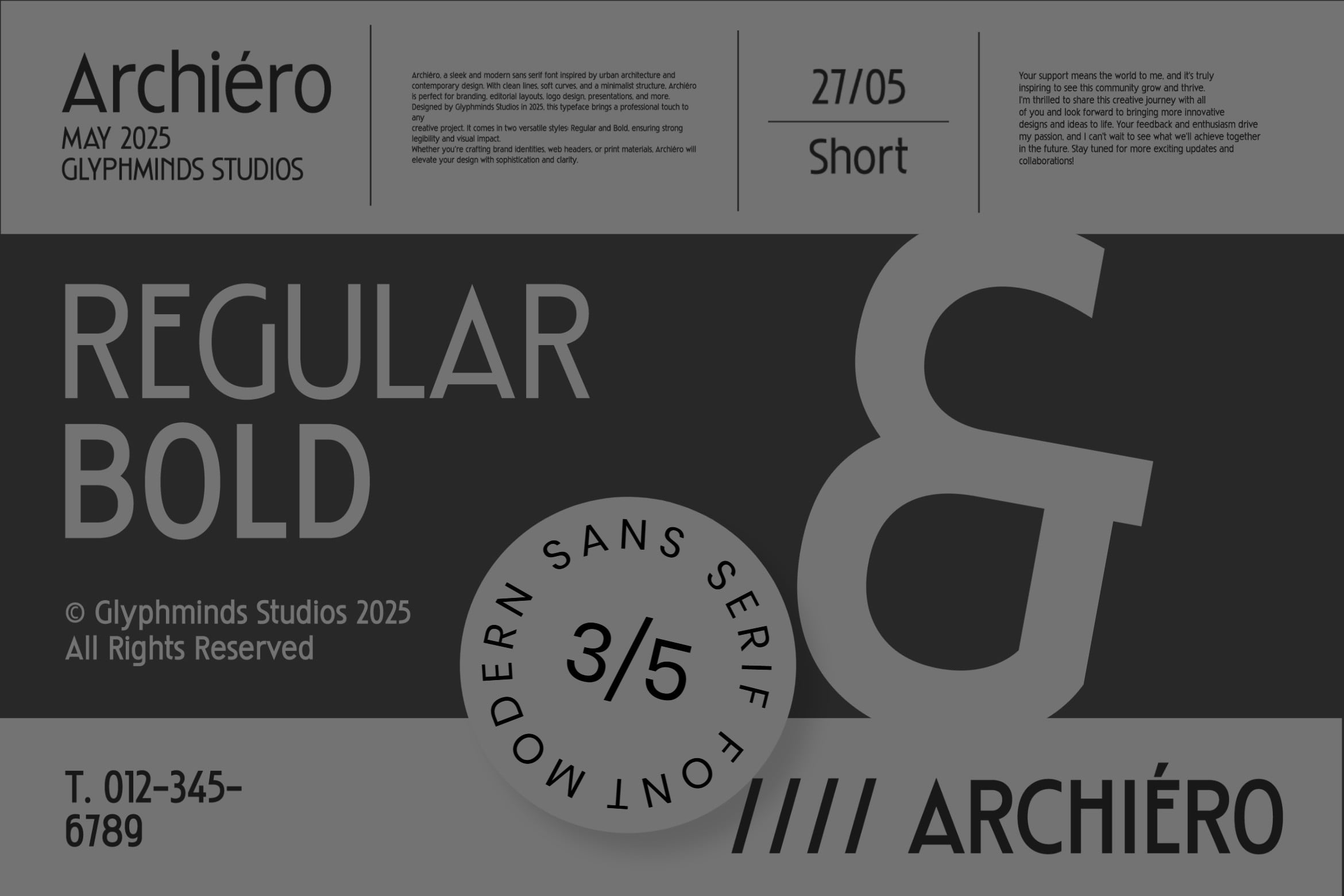 Archiero sans serif font family display by Glyphminds Studios 2025