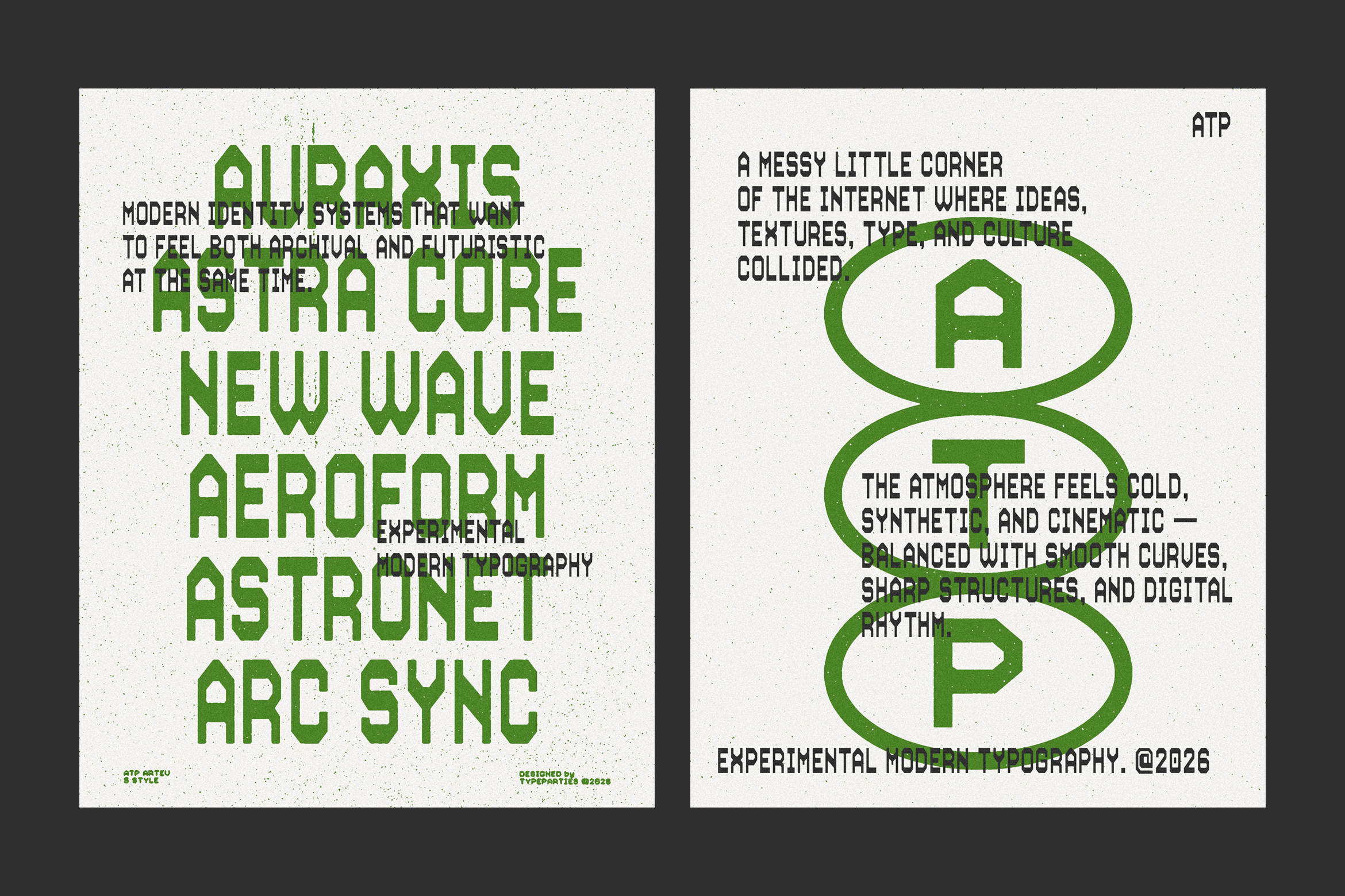 Modern typography style with green geometric fonts on a textured background. Experimental design perfect for creating unique digital assets templates.