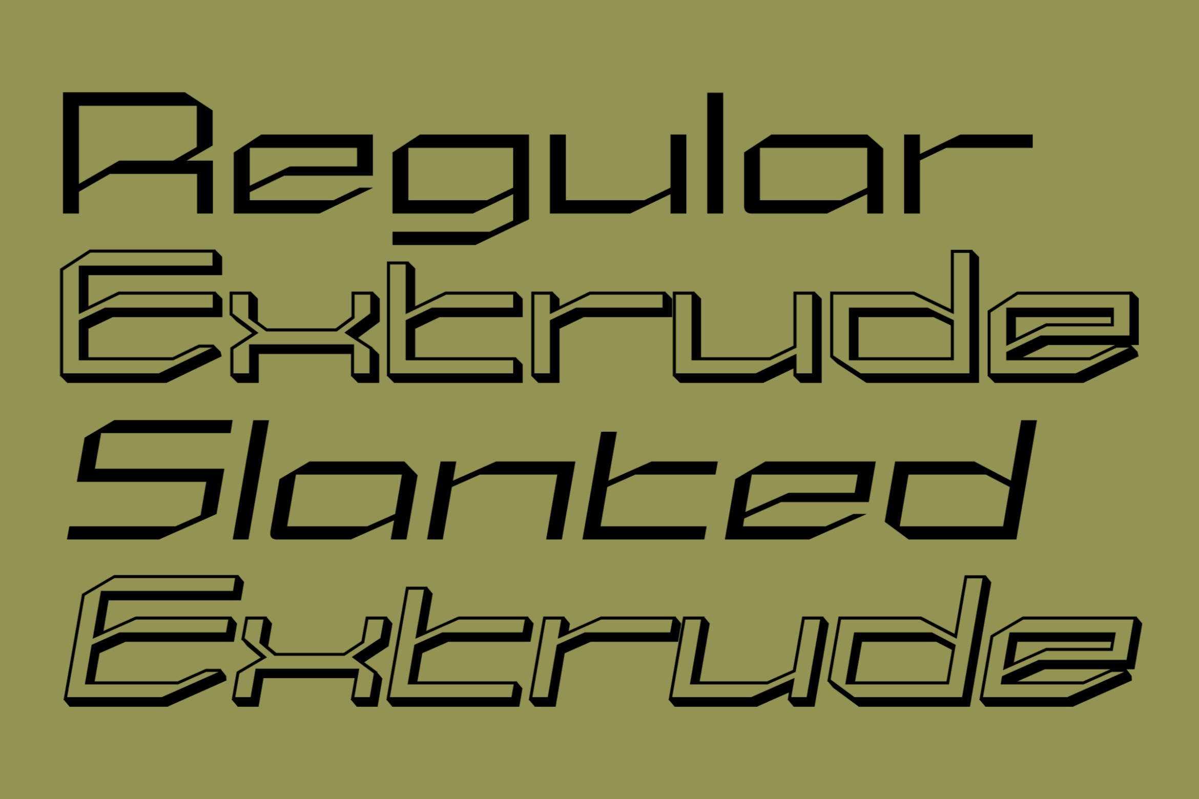 Regular Extended Slanted font family display in outlined geometric letterforms