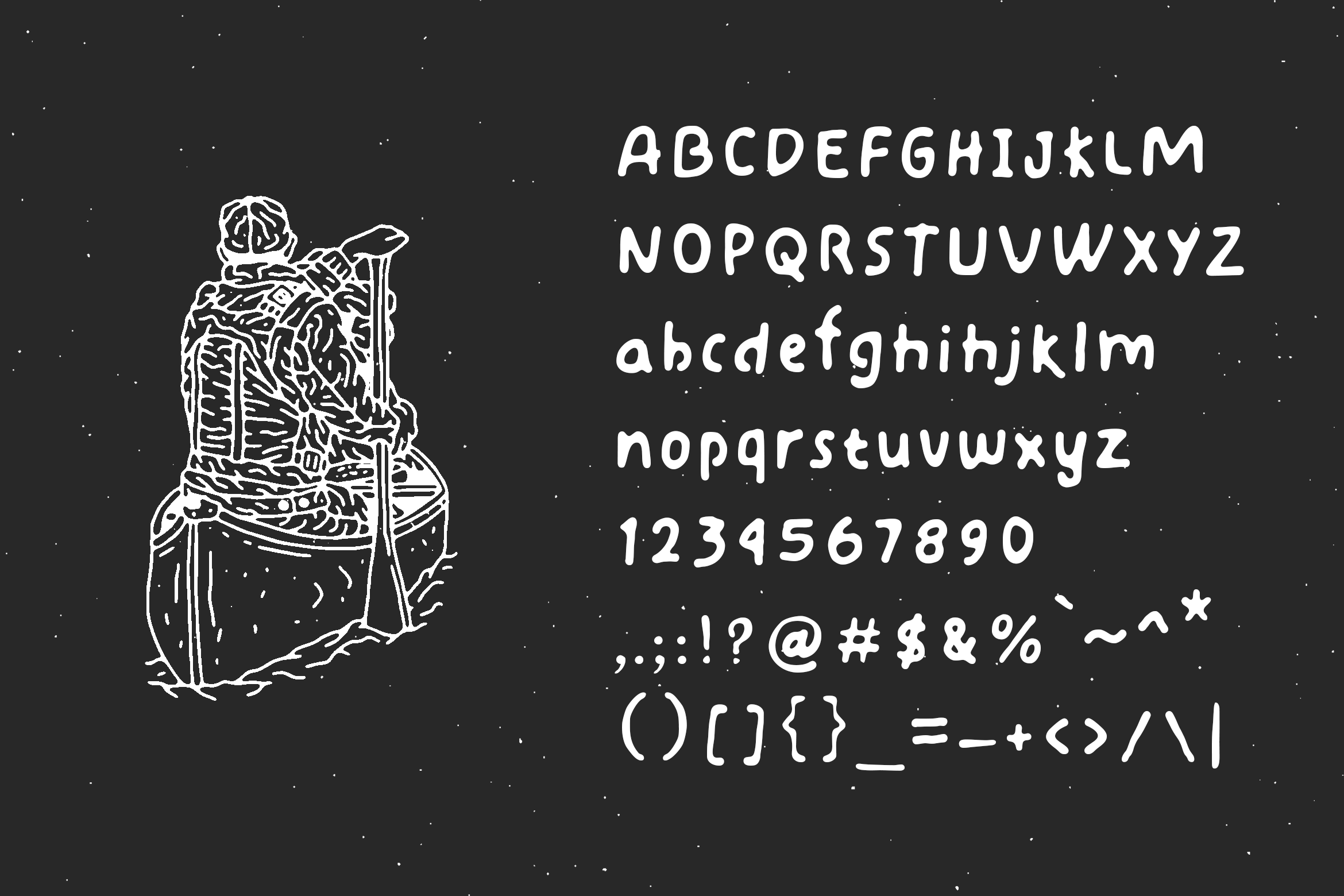 Journey Levels font display with noodle bowl illustration, full character set