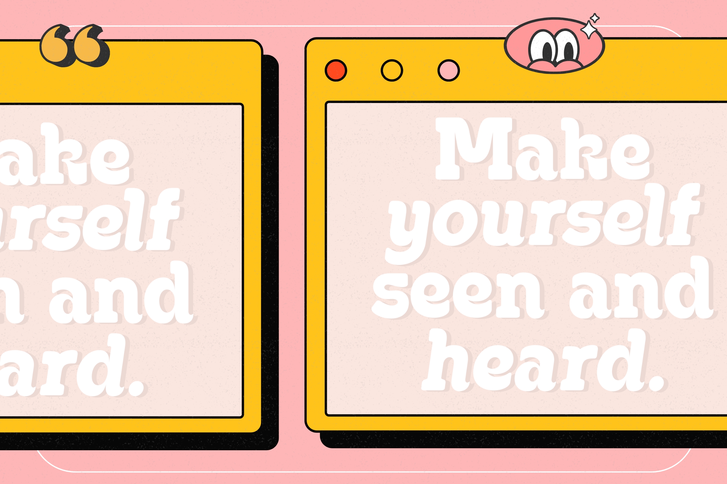 Two yellow framed quote cards on pink background with quotation marks, speech bubbles, dots