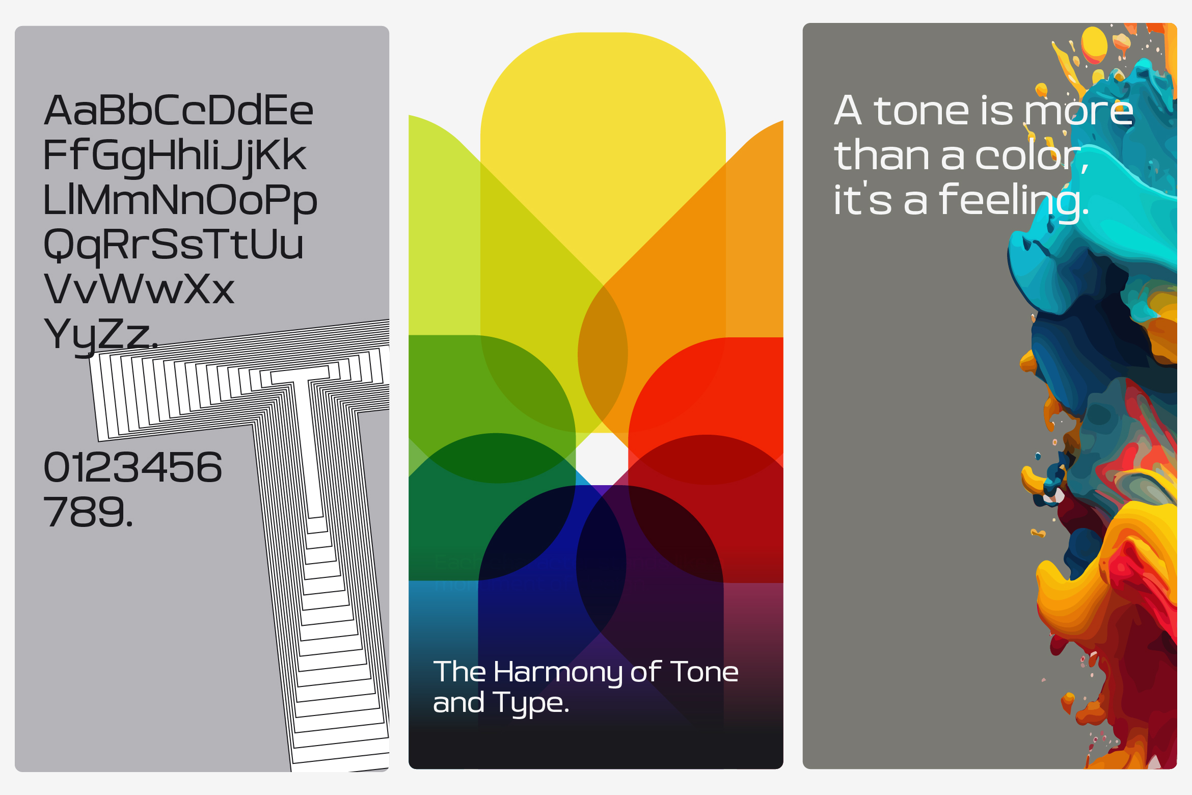 Font specimen with alphabet, numbers, color wheel, textured graphics