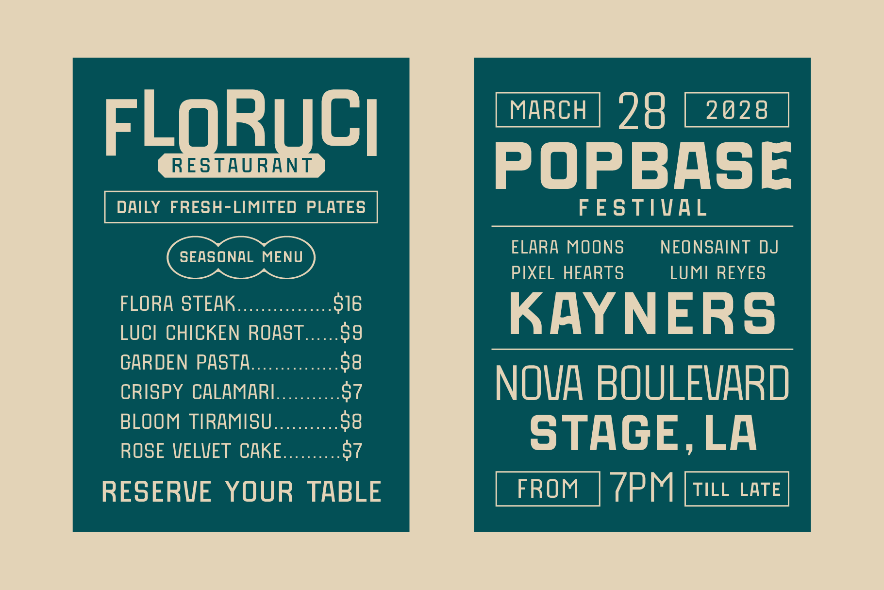 Two restaurant flyers side by side, left shows Floruci menu prices, right shows March 28 popbase festival details