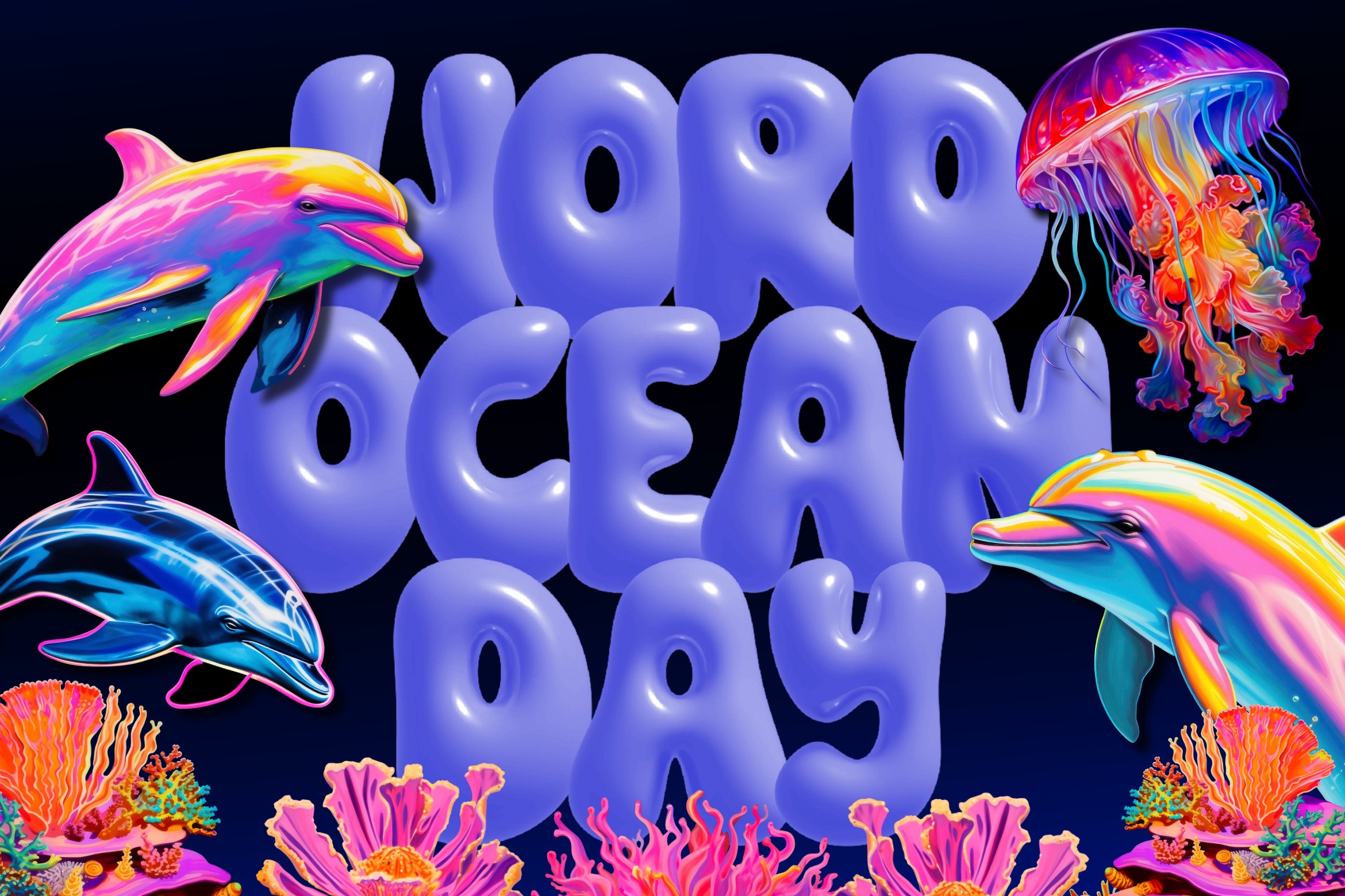 Popo Ocean 3D font in periwinkle with neon dolphins, jellyfish, coral in underwater scene