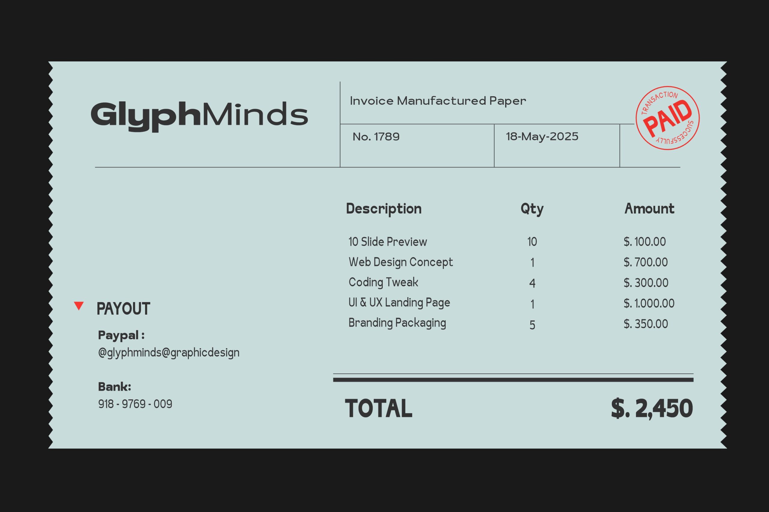 Invoice mockup with paid stamp, itemized design services, total amount 2450 dollars