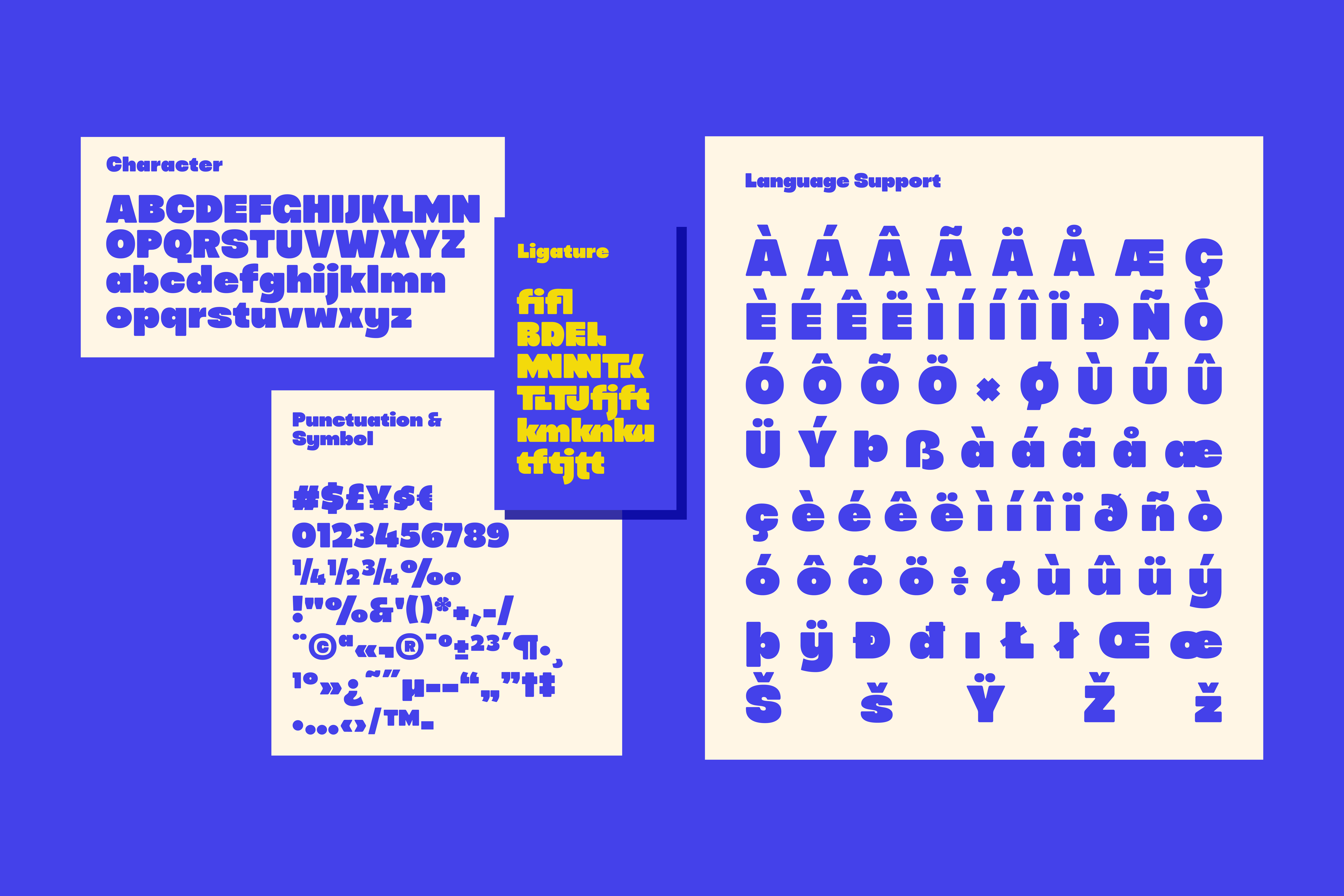 Bold sans-serif font design with uppercase, lowercase, ligatures, symbols, punctuation, and multilingual support. Perfect for creative typography projects.