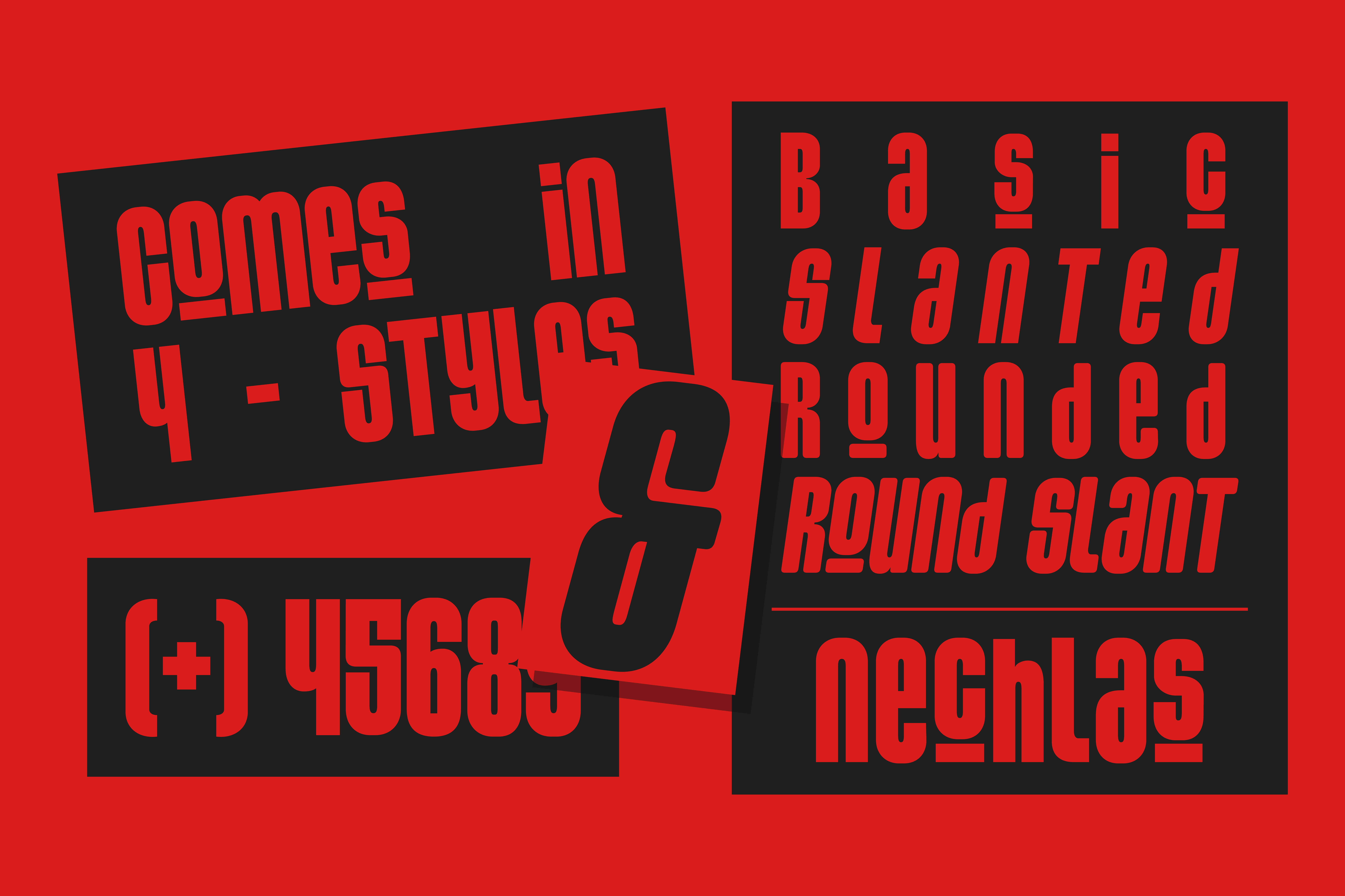 Bold red and black font design featuring the text Comes in 4 Styles including Basic Slant and Rounded ideal for eye-catching typography projects