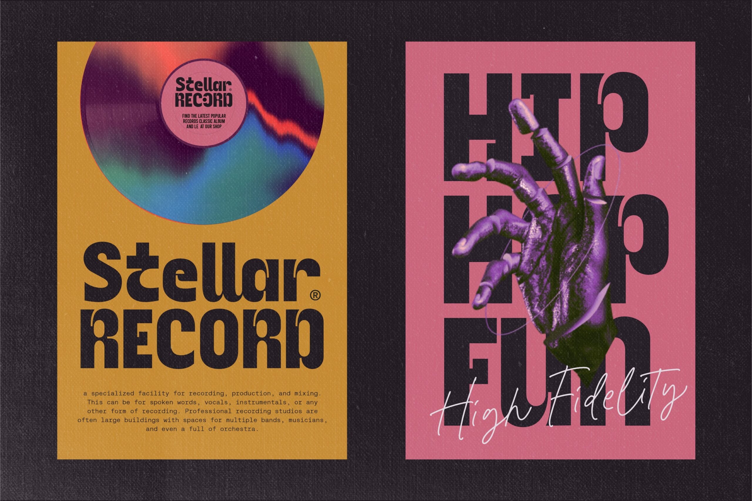 Two music posters side by side, vinyl record left, purple plant right on colored backgrounds