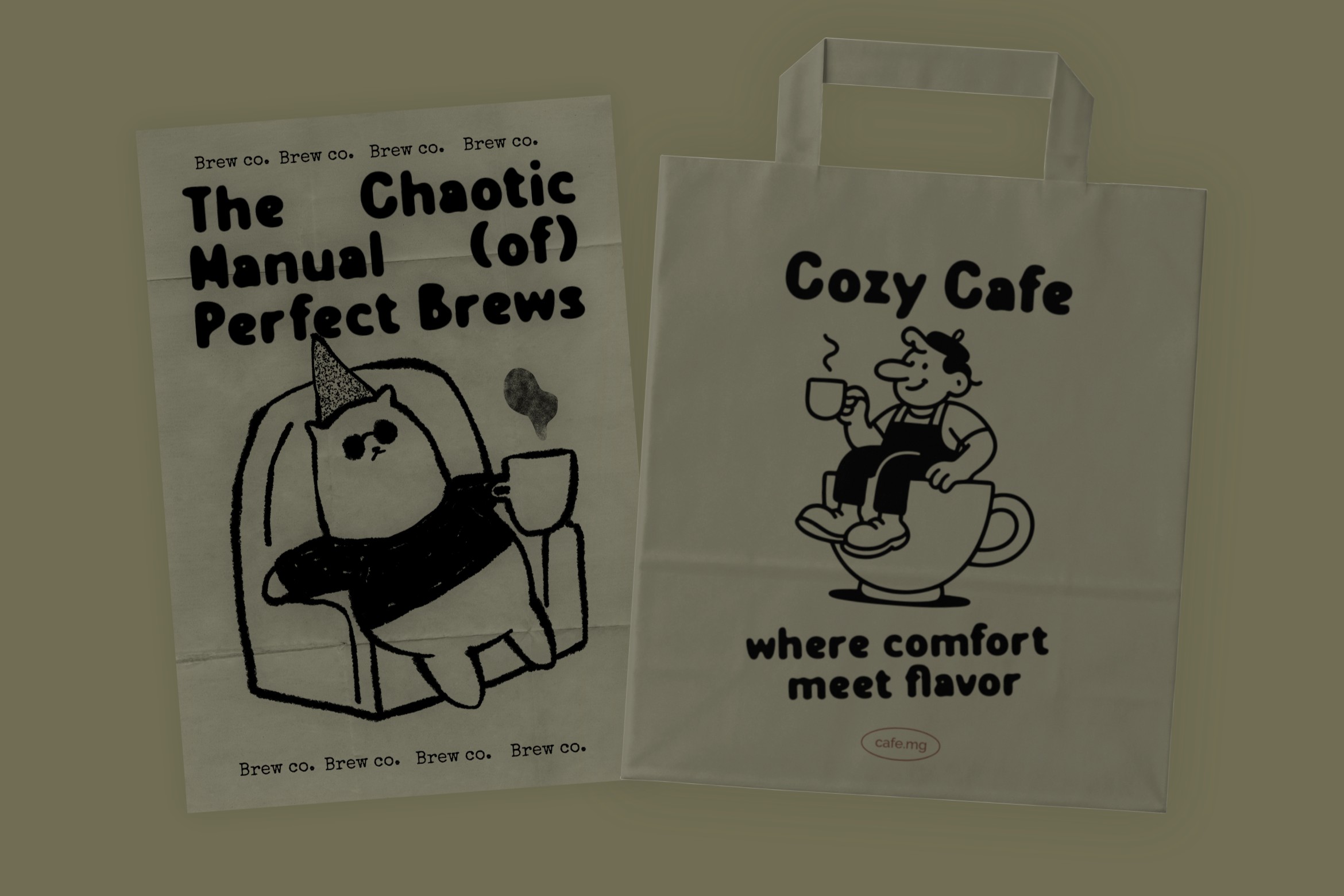 Two paper bags with quirky coffee shop branding, one with chaotic cat brewing manual, one with cozy cafe mascot design