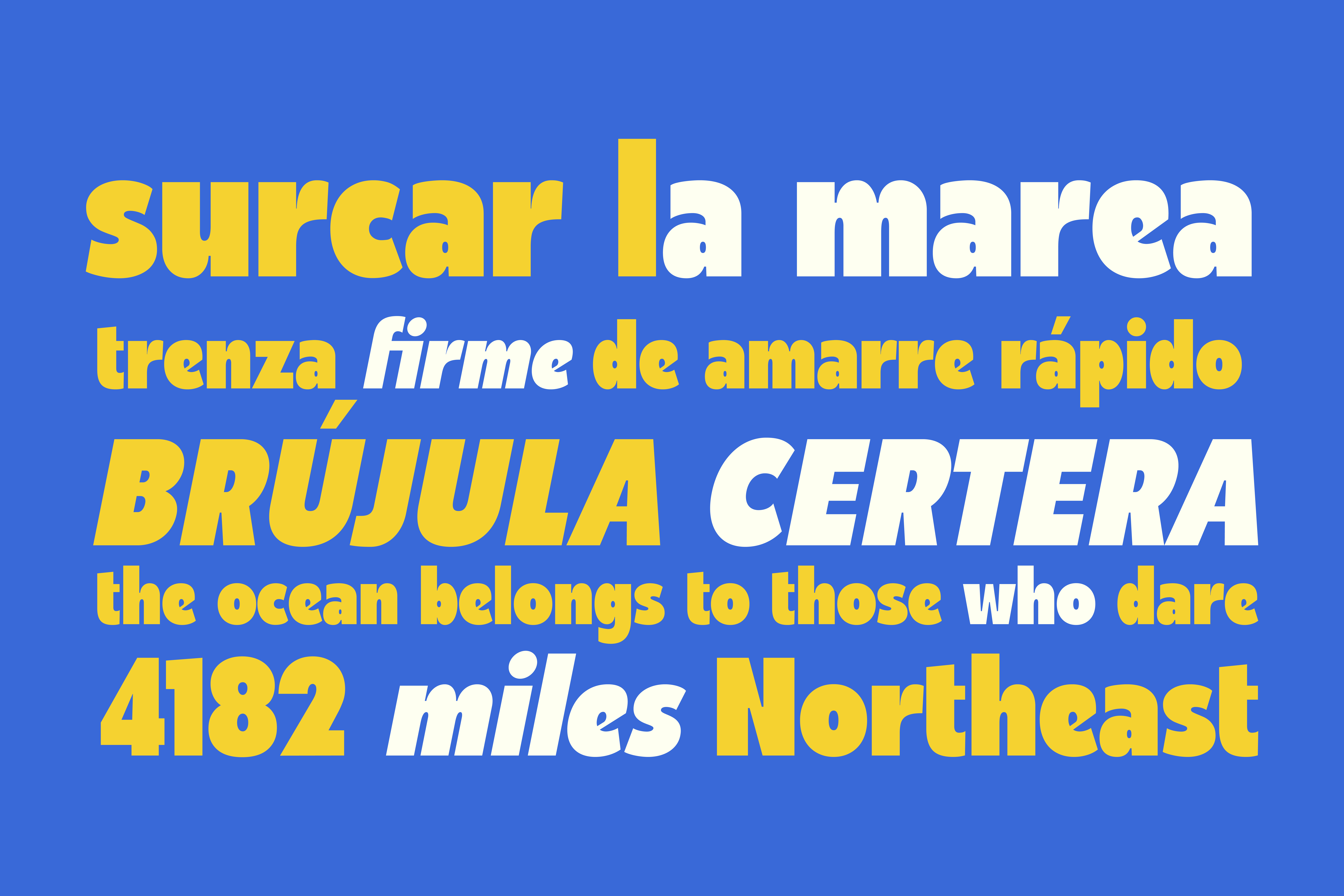 Bold font display with phrases in Spanish and English. Yellow and white text on blue background. Ideal for graphic designers seeking font inspiration.