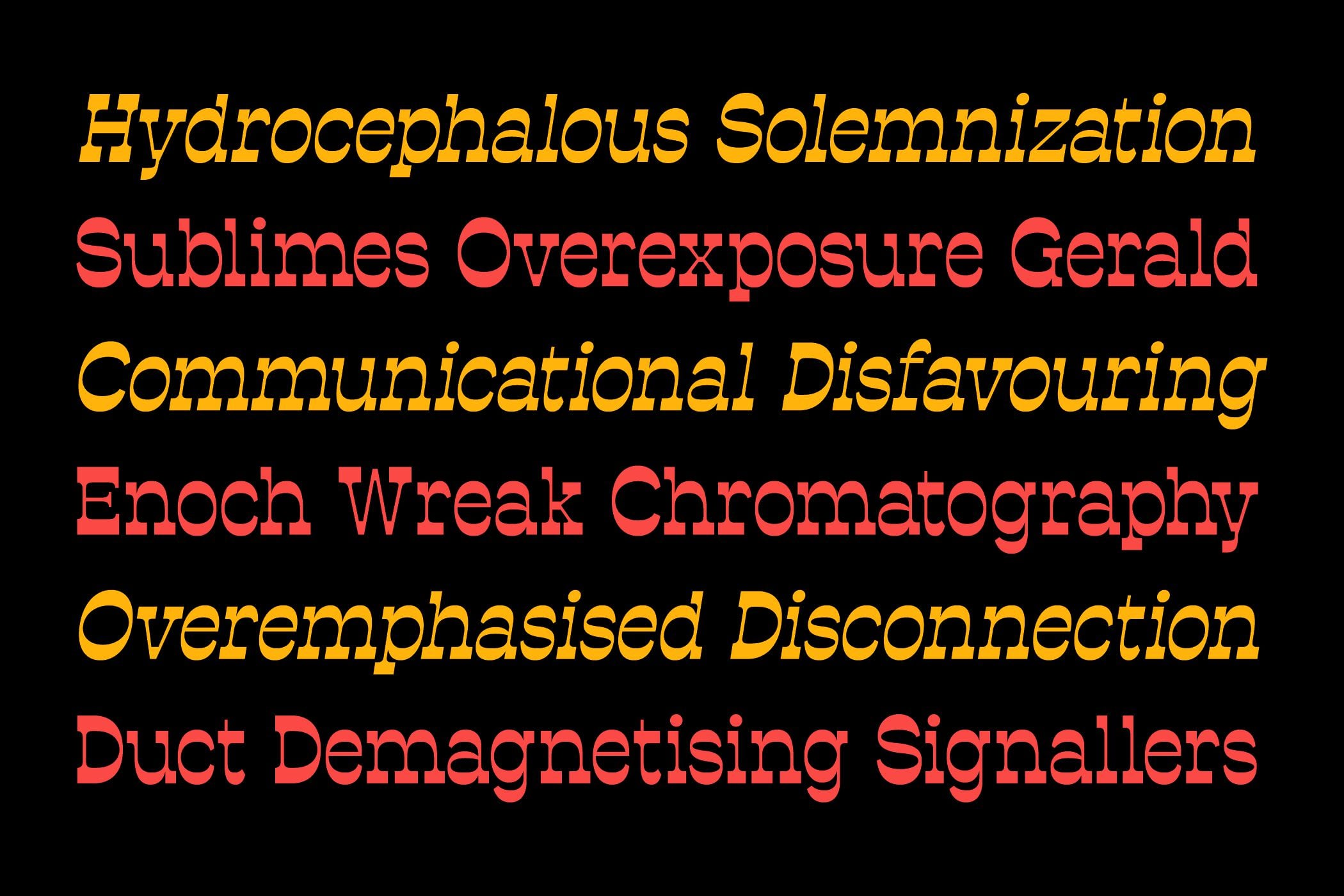 Multicolored serif italic type displaying complex words