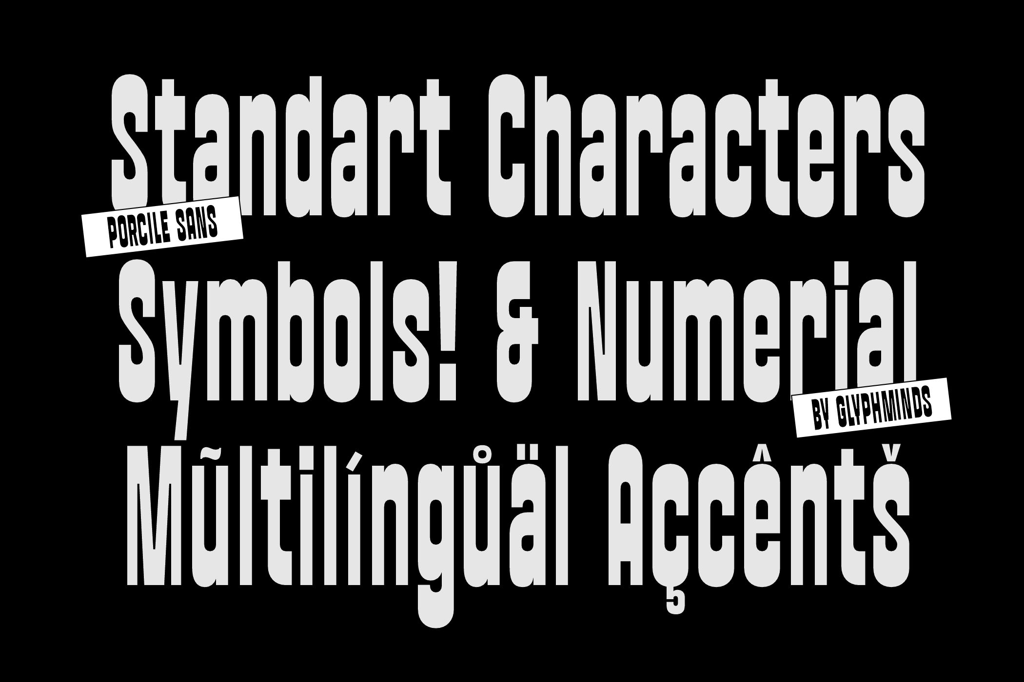 Standart Characters symbols numerals multilingual accents on black background