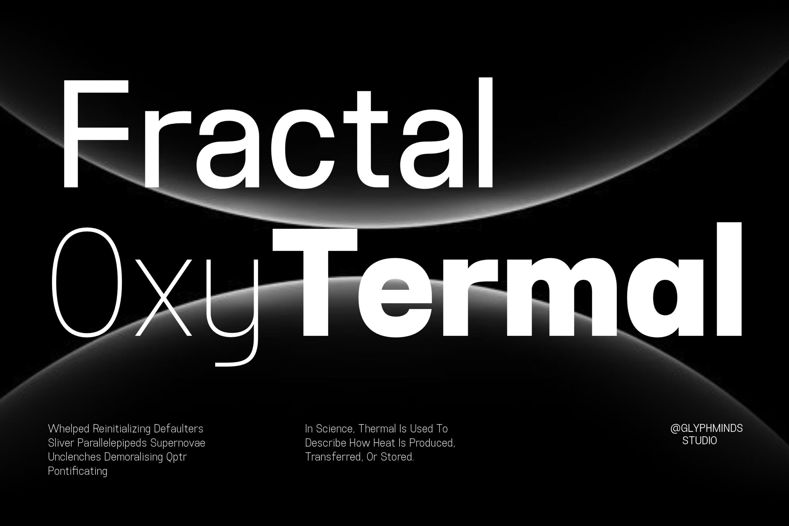 Fractal Oxy Thermal font display with curved light rays on black background