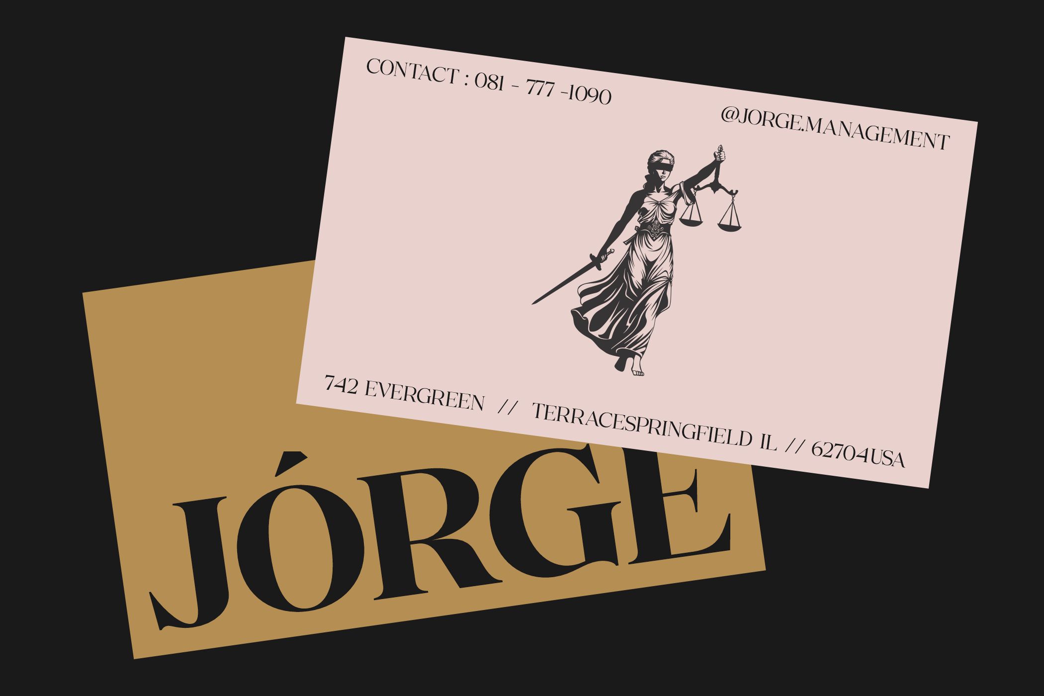 Law firm business card mockup with Justice scale illustration, gold foil, pink paper