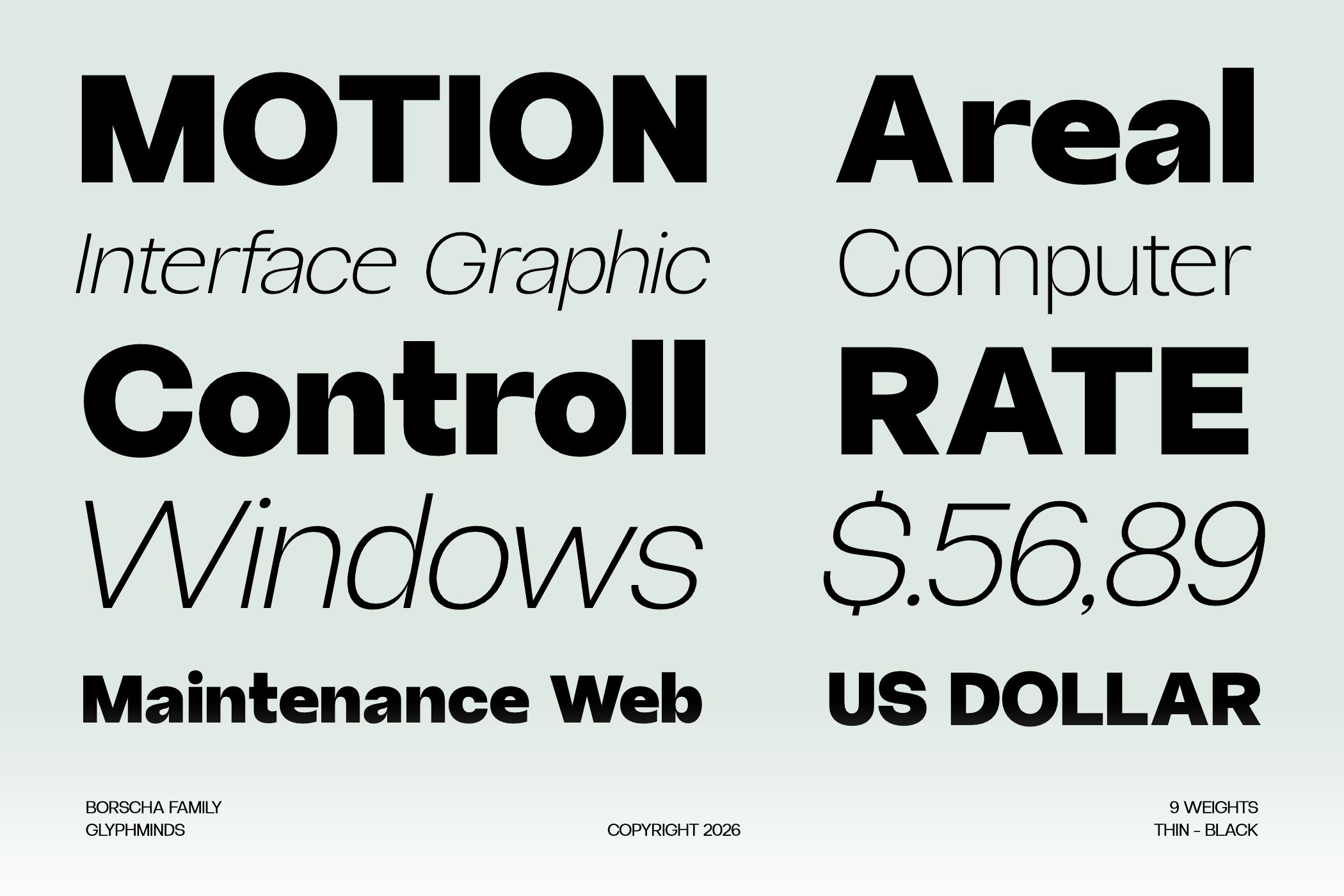 Type specimen showing Borscha font family weights thin black available weights