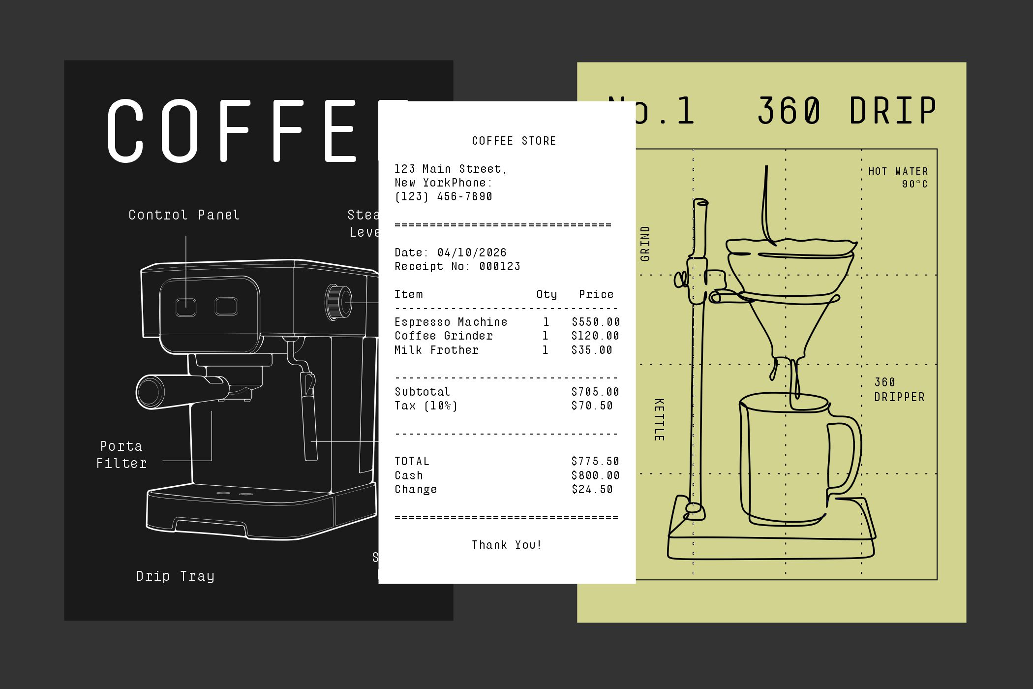 Coffee shop infographic mixing machine diagram, receipt mockup, pour-over brewing guide