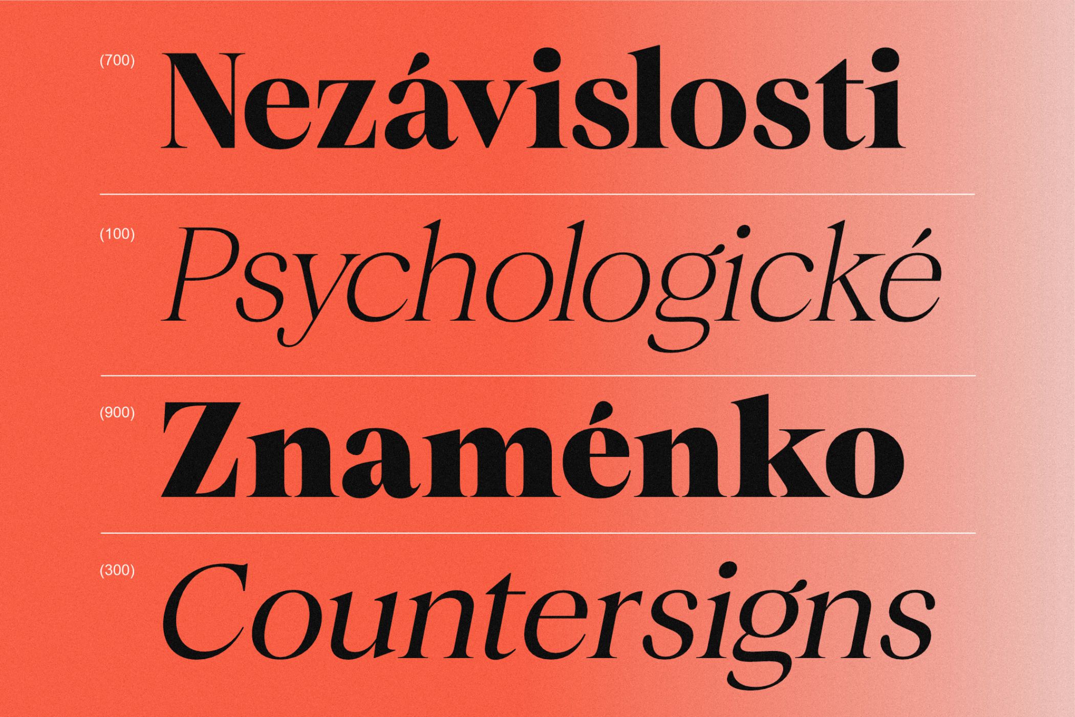 Font weight variations displayed in serif typeface with accent lines on coral background