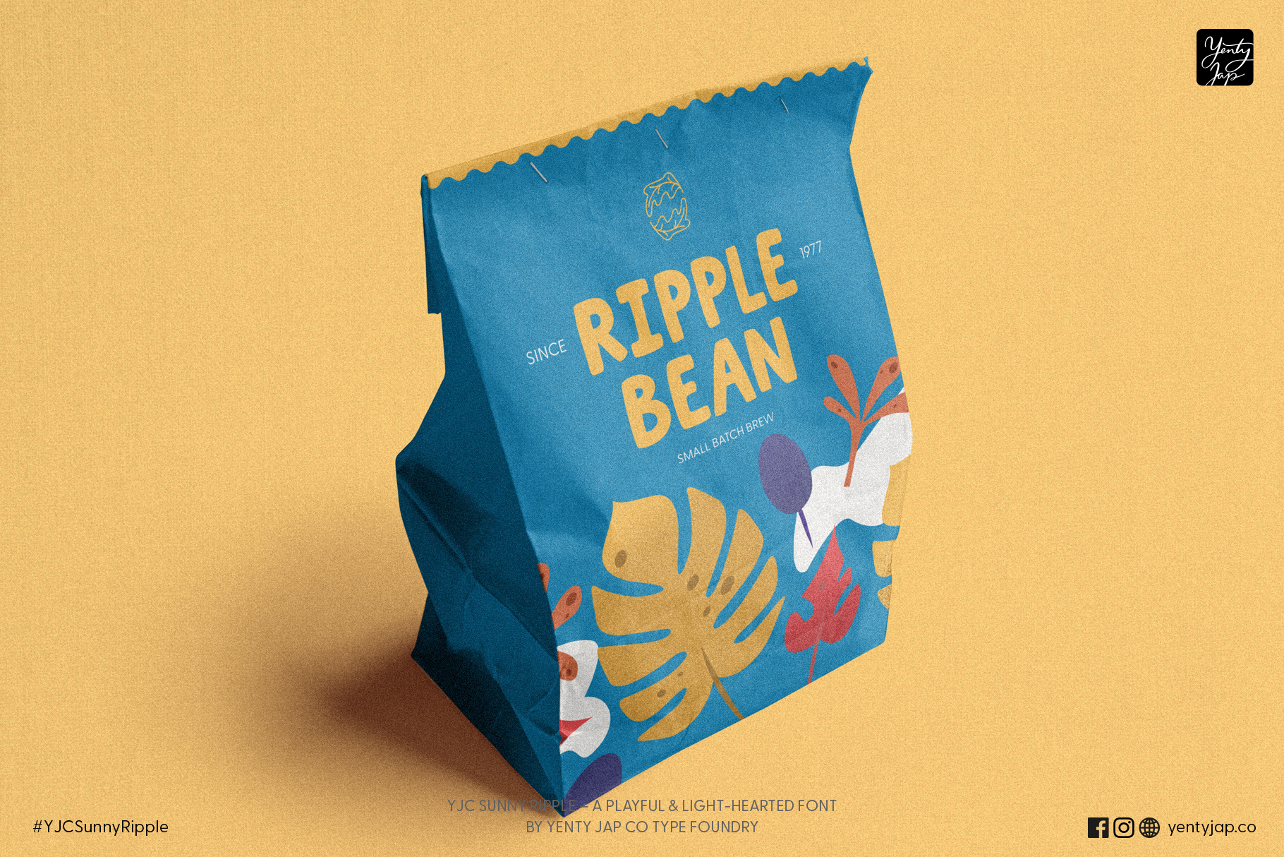 Blue kraft pouch with colorful botanical illustration for small batch coffee