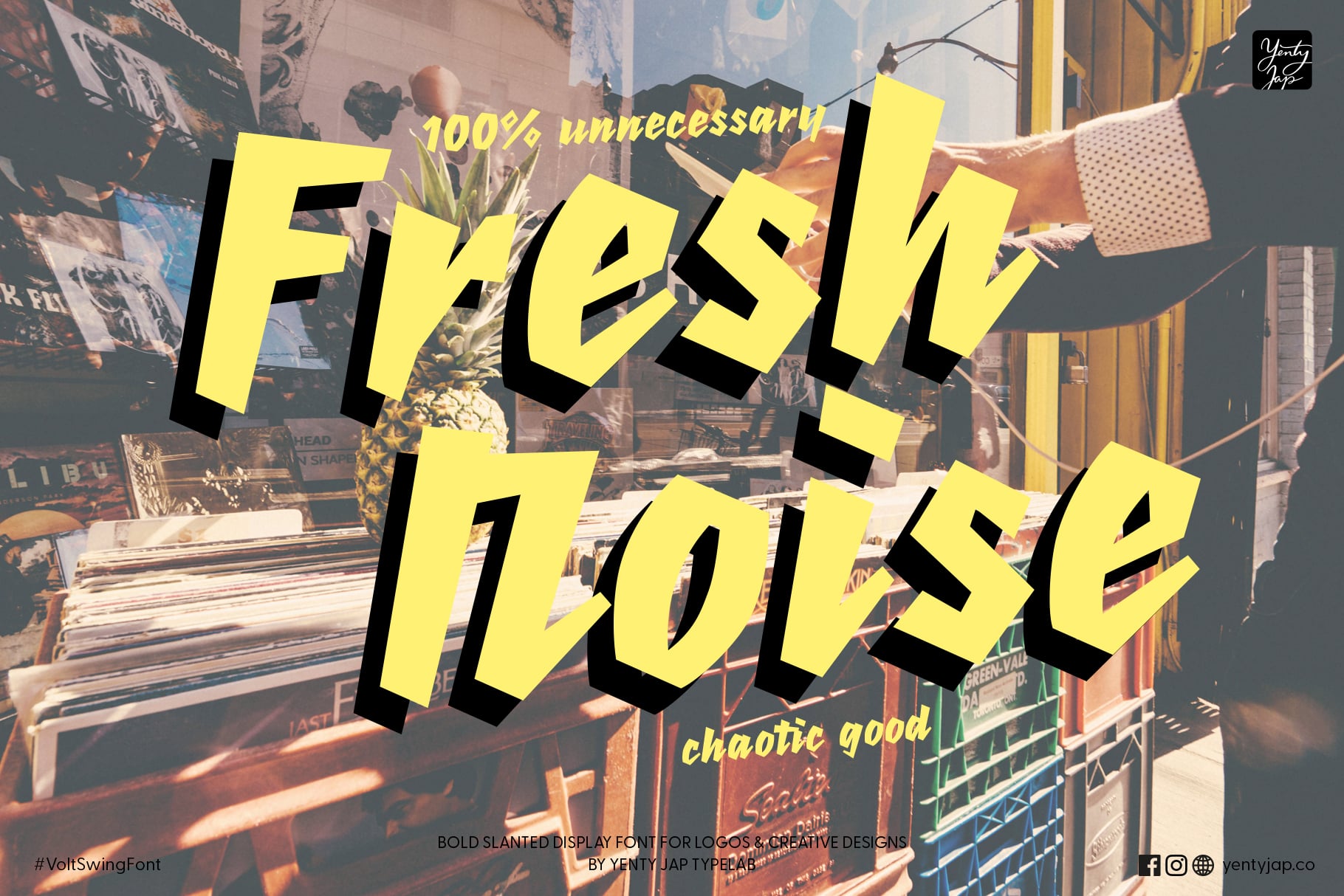 Fresh house yellow bold slanted typography overlaid on collage photo background with decor