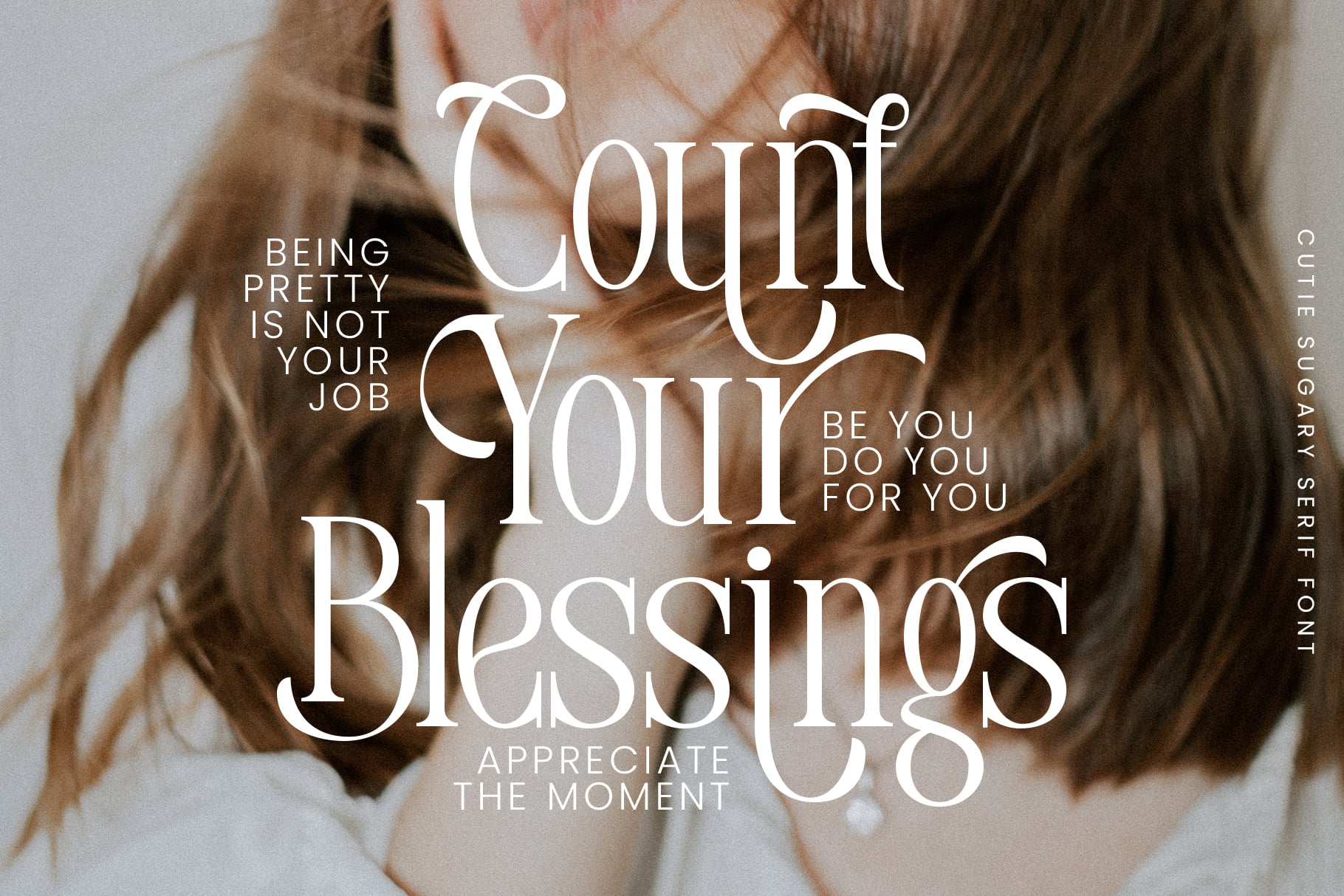 Close up hair texture with Count Your Blessings text in script font