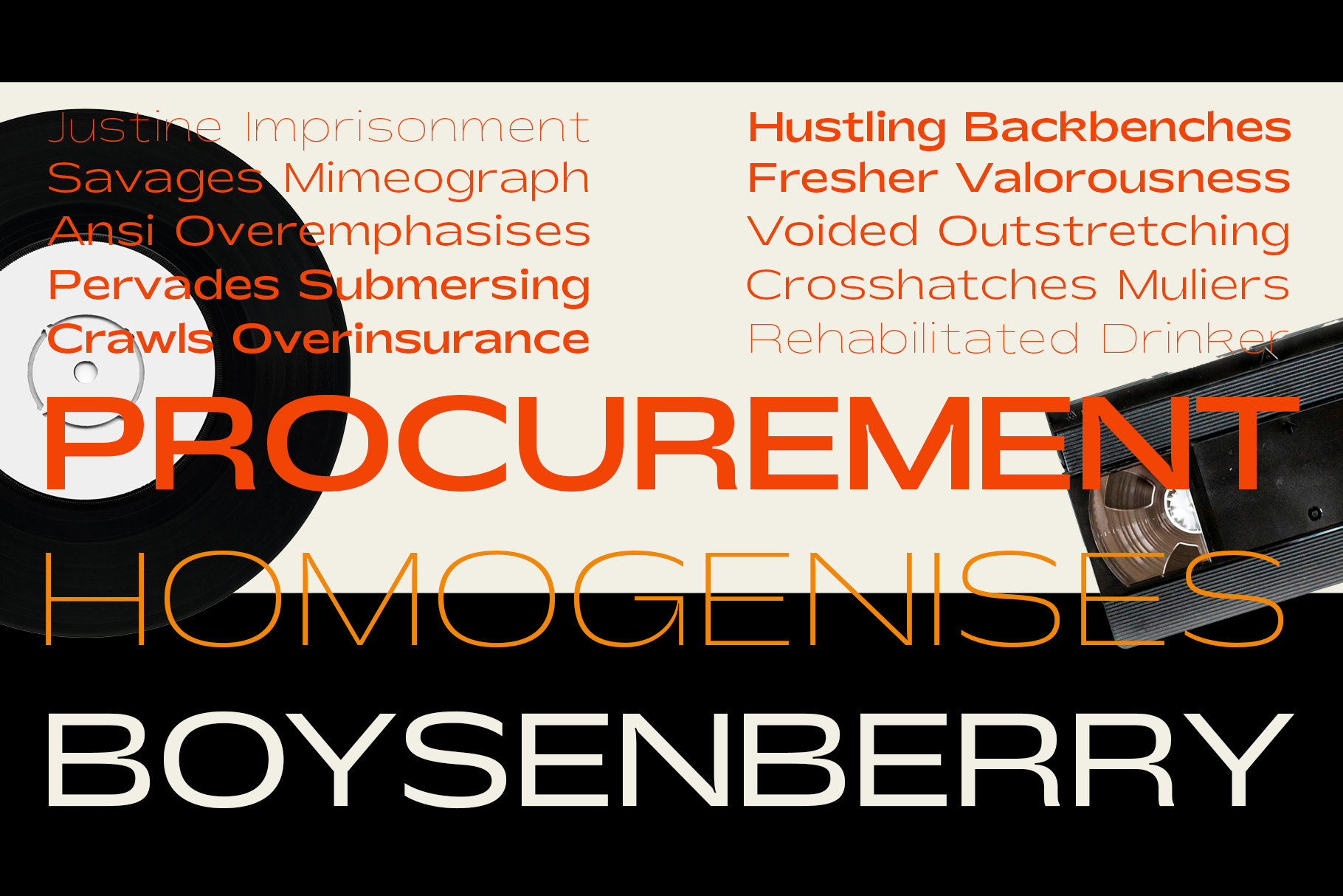 Bold orange letters spelling procurement overlaid with mechanical imagery on beige background