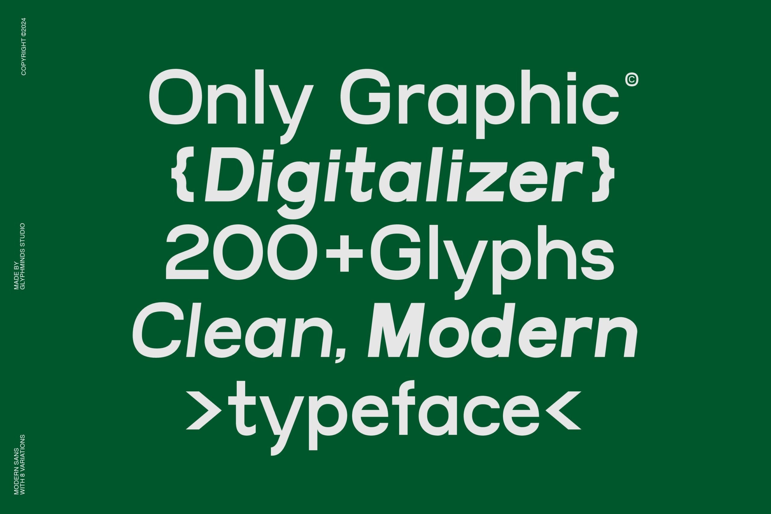 Modern sans serif font with 200+ glyphs, clean typeface on dark green background for digitalization